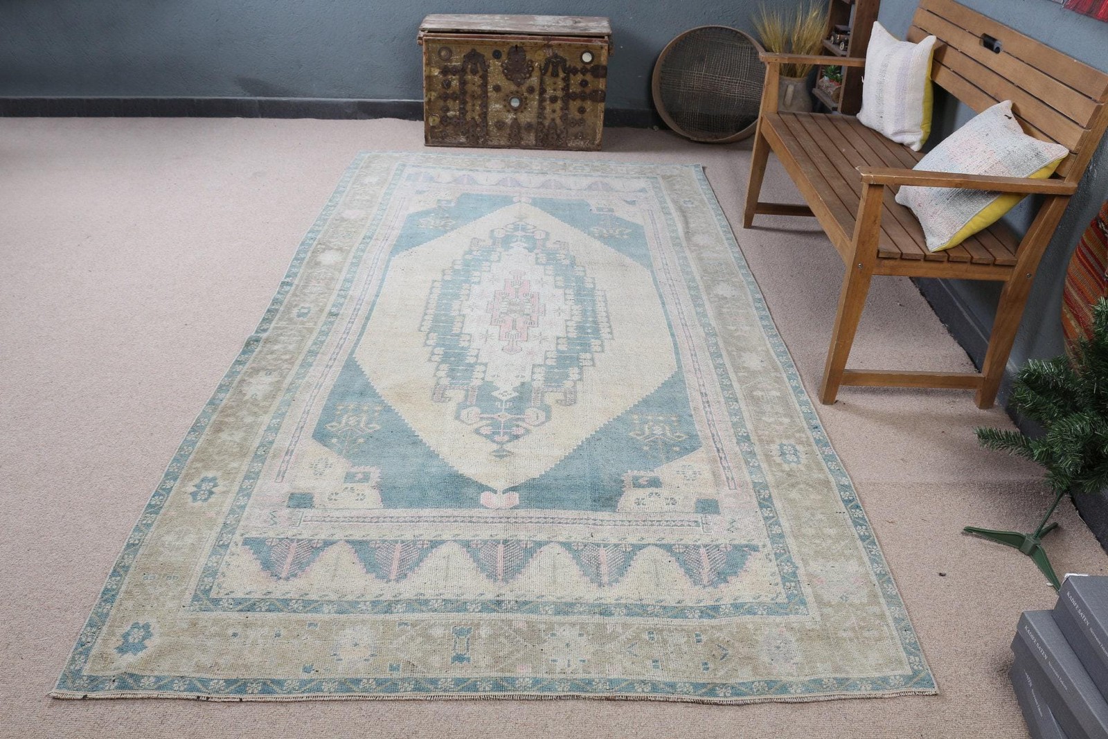 Turkish Large Rug 5,2×9,4 ft (159×288 cm), Vintage Blue Floral Rug