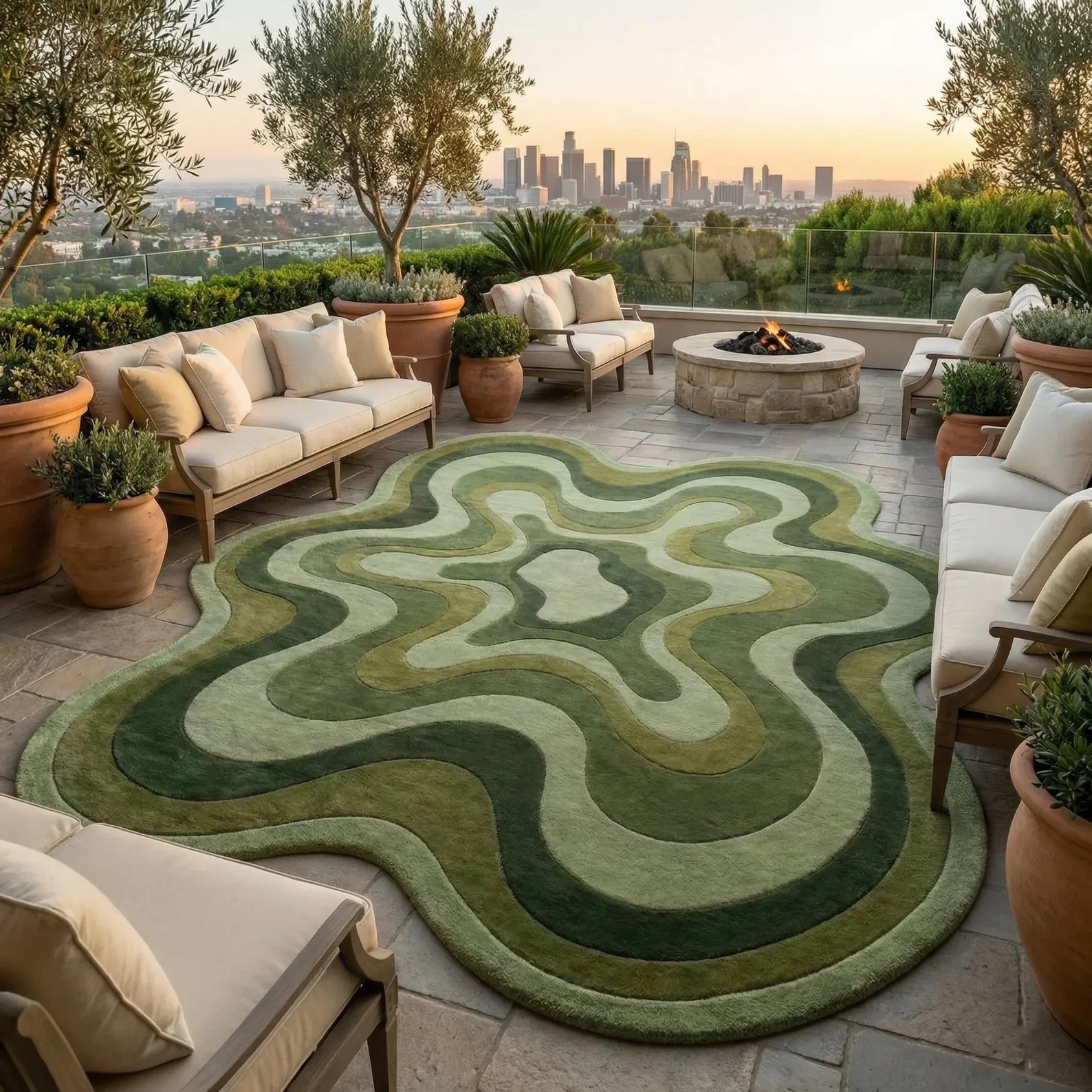 Modern Wavy Green Wool Rug Abstract Irregular Shape Hand Tufted Living Room Rug