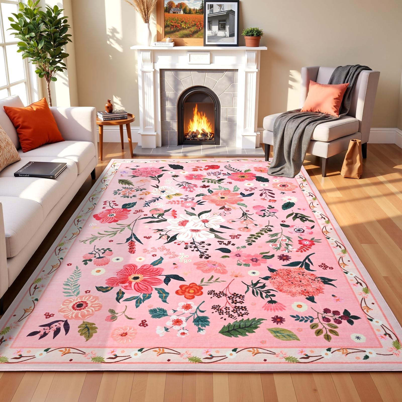 8×10 Pink Floral Area Rug for Living Room,Boho Machine Washable Ultra-Thin Ru…