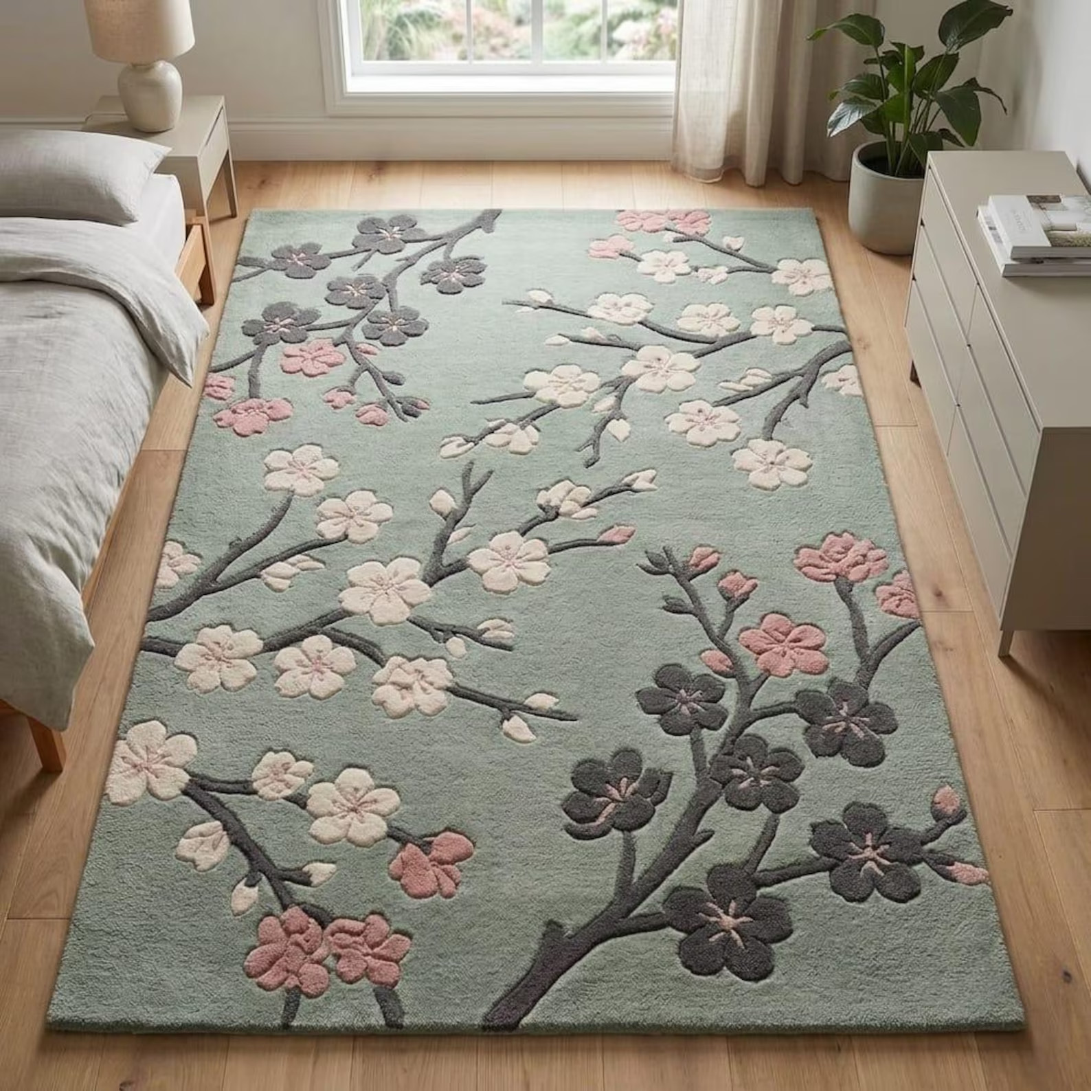 Hand-Tufted Wool Cherry Blossom Rug, Mid-Century Modern Floral Area Carpet
