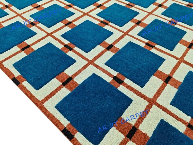 Modern Geometric Hand-Tufted Wool Rug – Bold Grid Pattern Area Living Room