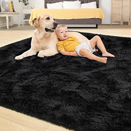 Ultra Soft Shaggy Carpet 10×14 Plush Black Anti-Skid