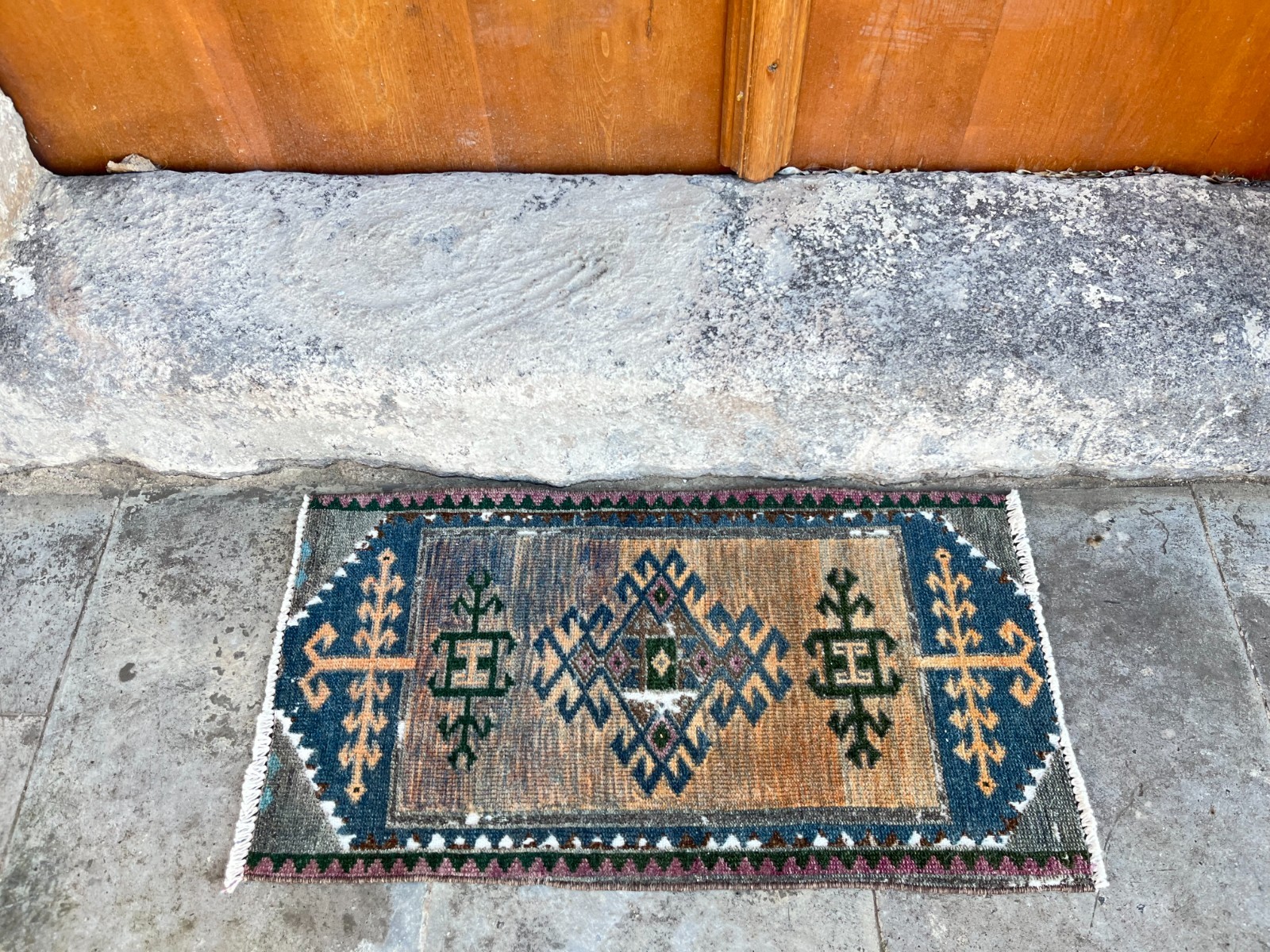 Vintage Turkish Small Rug 1.3×2.6 ft Anatolian Tribal Wool Distressed Mat