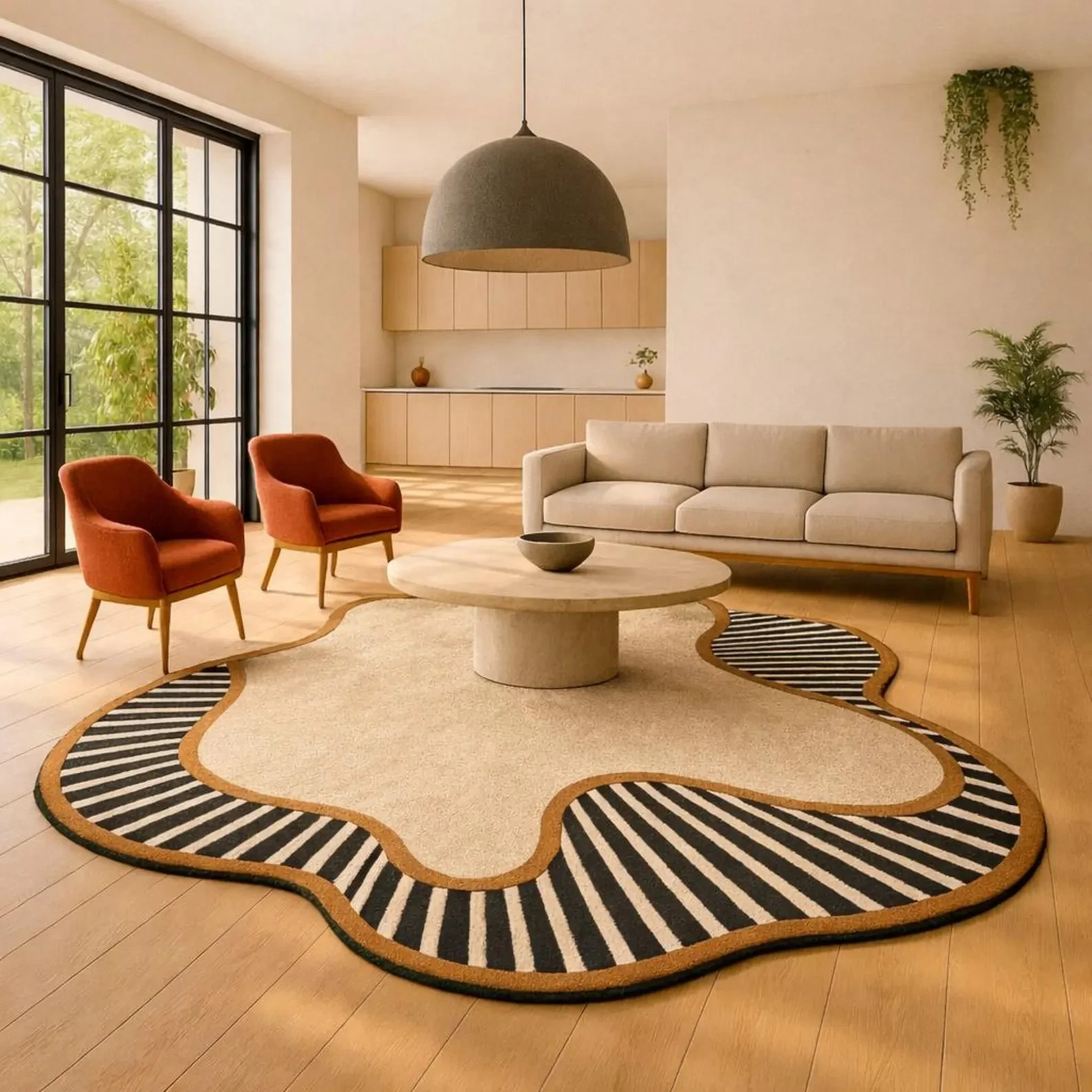 Hand-Tufted Wool Rug: Modern Abstract Irregular Design Striped Border Rug Carpet