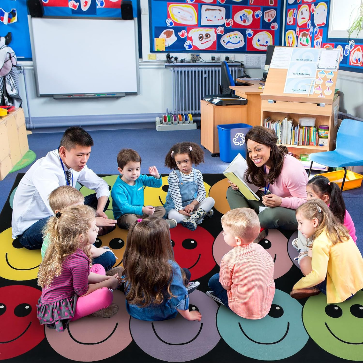 Rainbow Smile Educational Area Rug 5′ x 7.5′ for Kids Playroom & Classroom