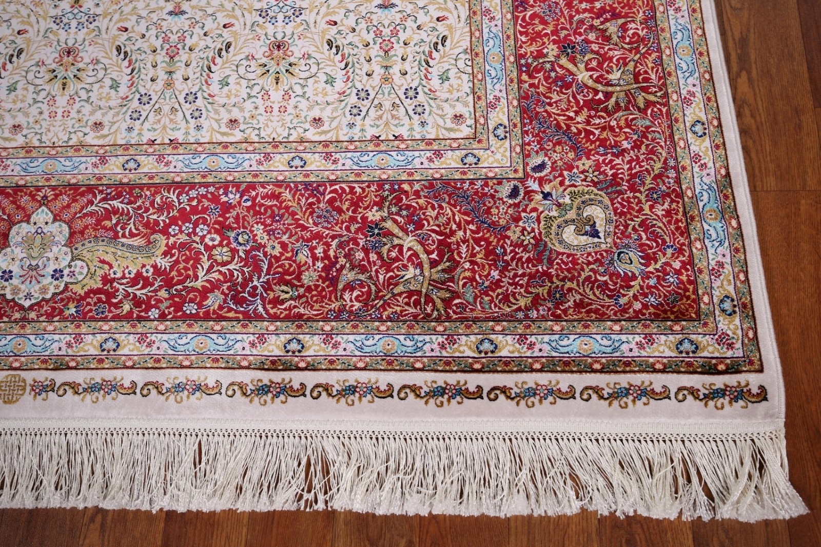 90% Silk Floral Ivory/ Burgundy Traditional Turkish Rug Oriental Carpet 5’x8′