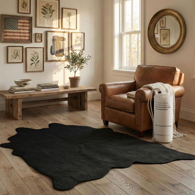 Nativeskins Faux Cowhide Rug Black Medium 4.3Ft X 5.7Ft Cow Print Western