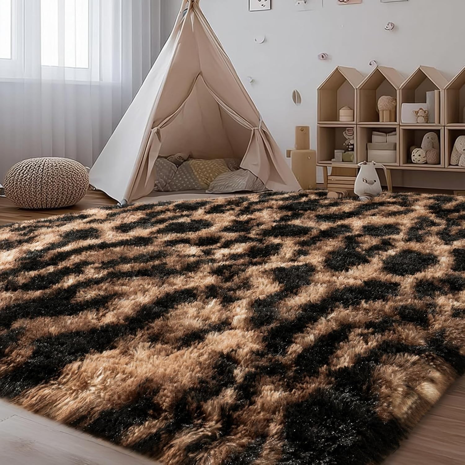 Soft 4′ x 6′ Fluffy Cheetah Rug – Non-Slip Shaggy Area Rug for Living Room