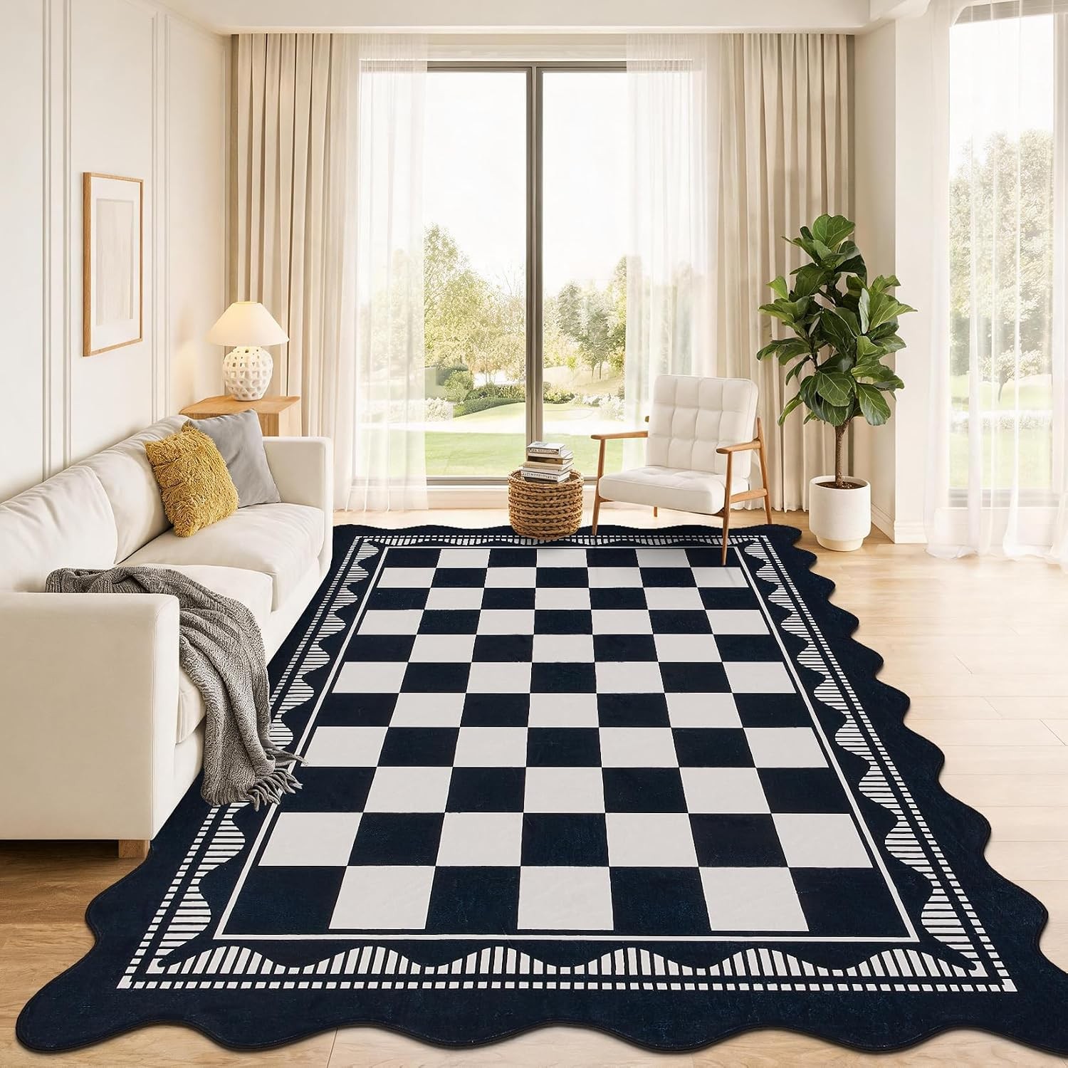 Scalloped Checkered Black Coffee Washable Area Rug Living Dining Bedroom Nursery