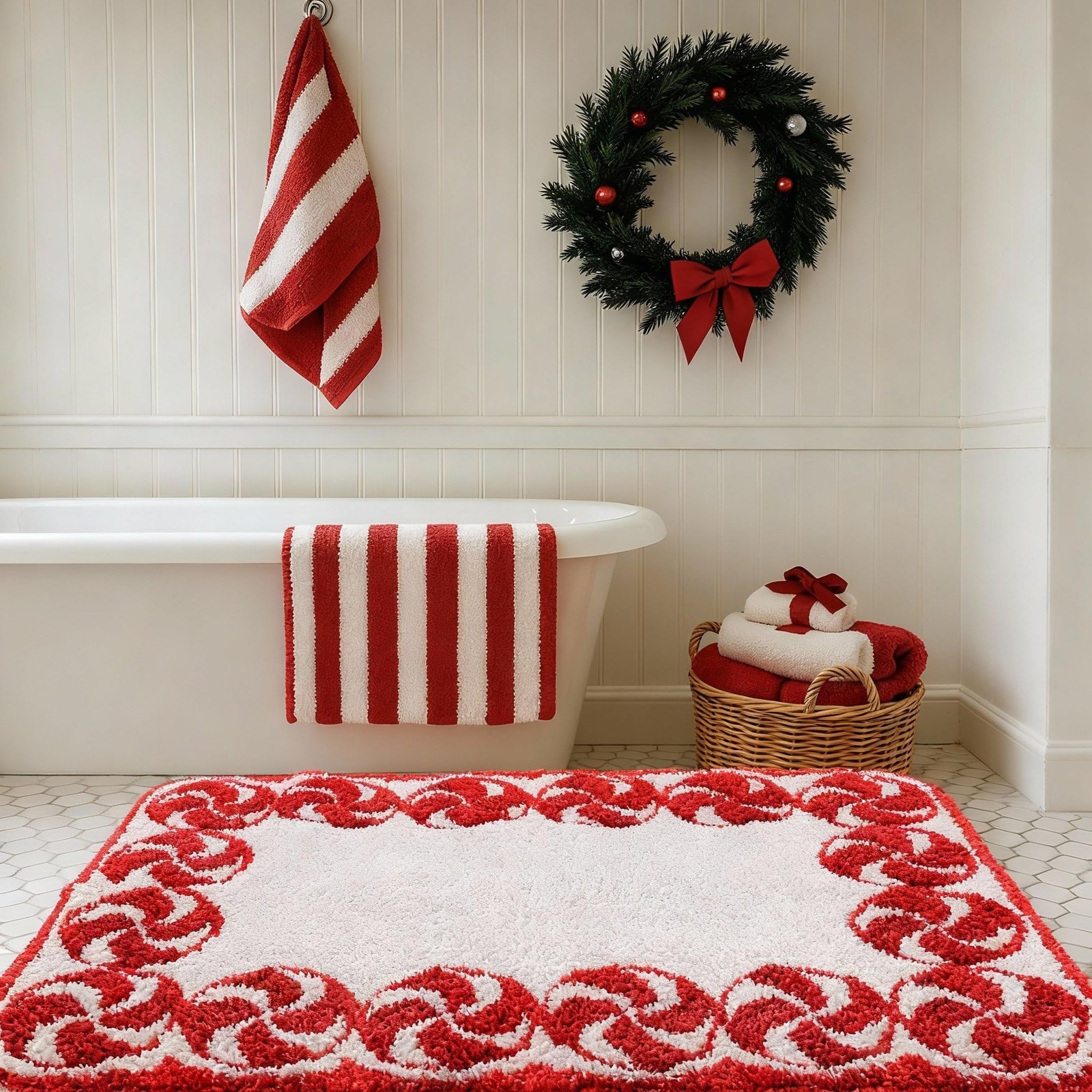 25 x 38 Inches Christmas Bathroom Rugs Decor Candy Cane Red and White Holiday…