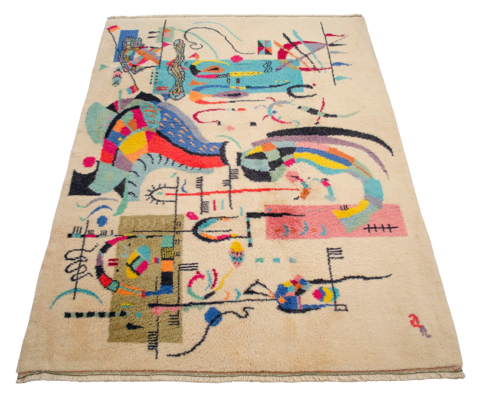 Kandinsky Style Abstract Rug | Vintage Hand-Knotted Wool Art Carpet 3’7″ x 5’0″