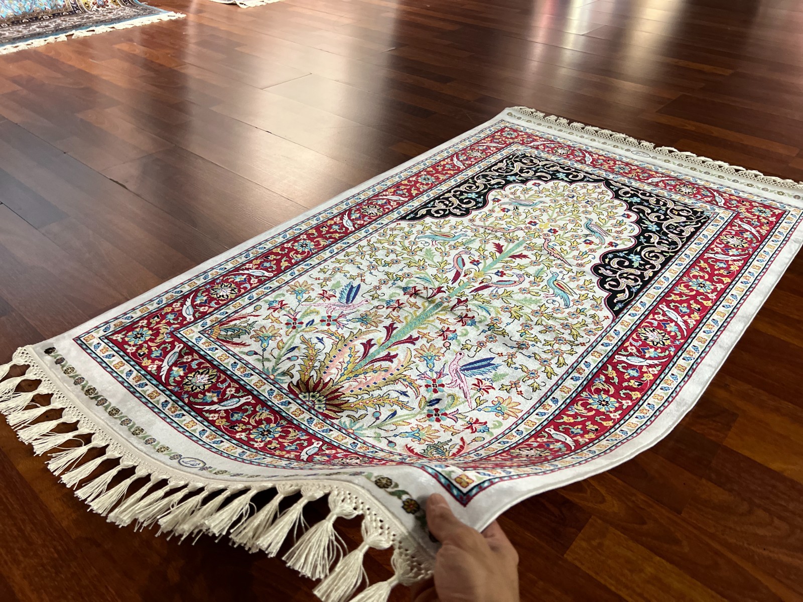 3×5 ft Muslim Gift Silk Prayer Rug Muslim Gift Rug Janamaz Beige Prayer Mat