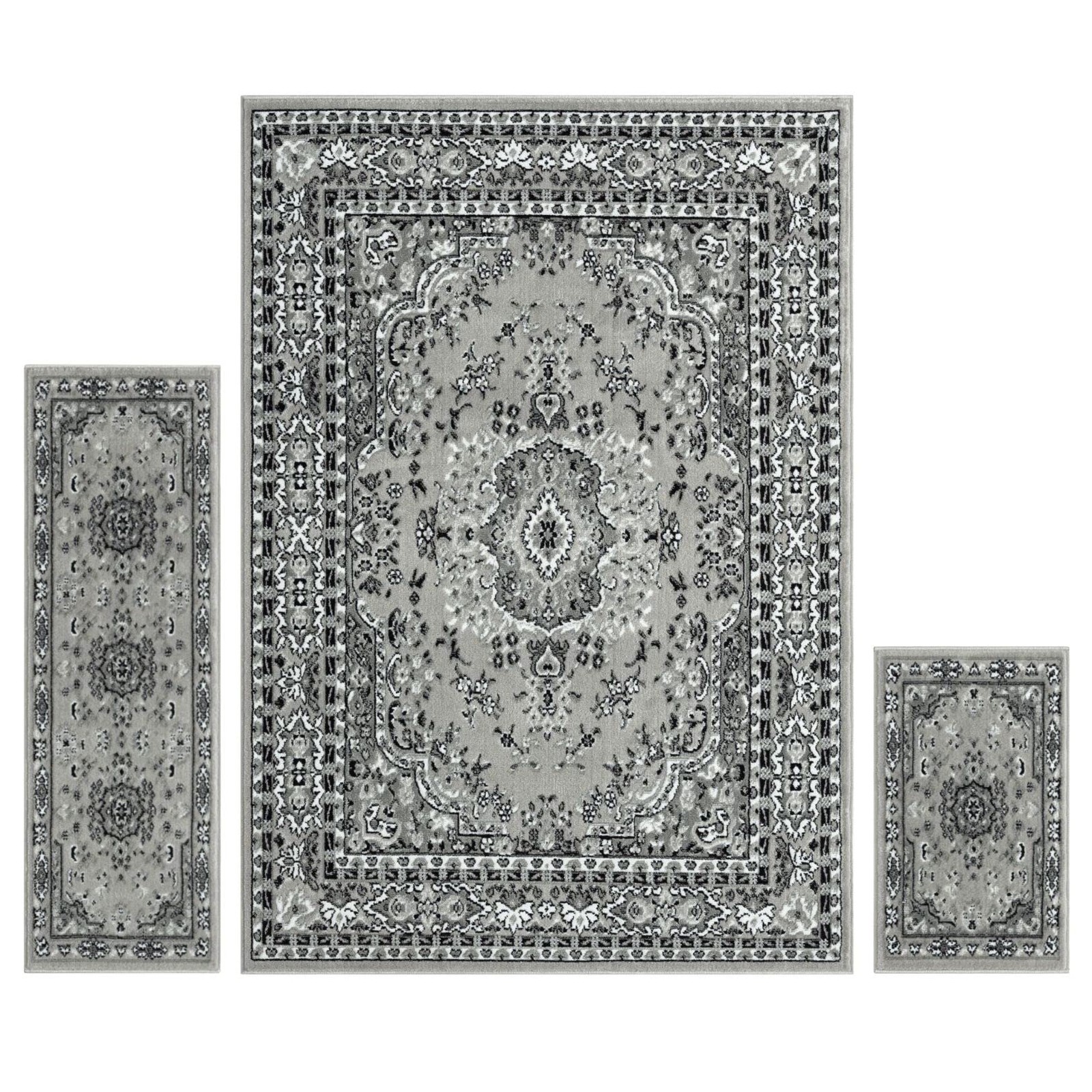 Ariana Ksara Traditional Medallion 3-Piece Area Rug Set, Gray/Black