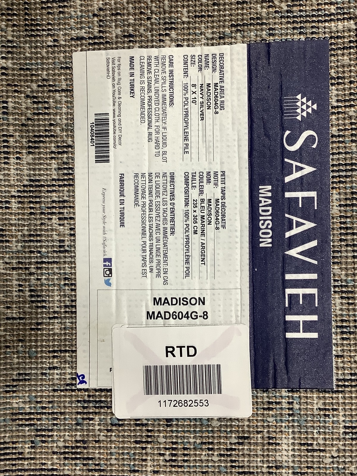 NAVY SILVER 8′-0″ x 10′-0″ Broken Thread Rug, Reduced Price 1172682553 MAD604G-8