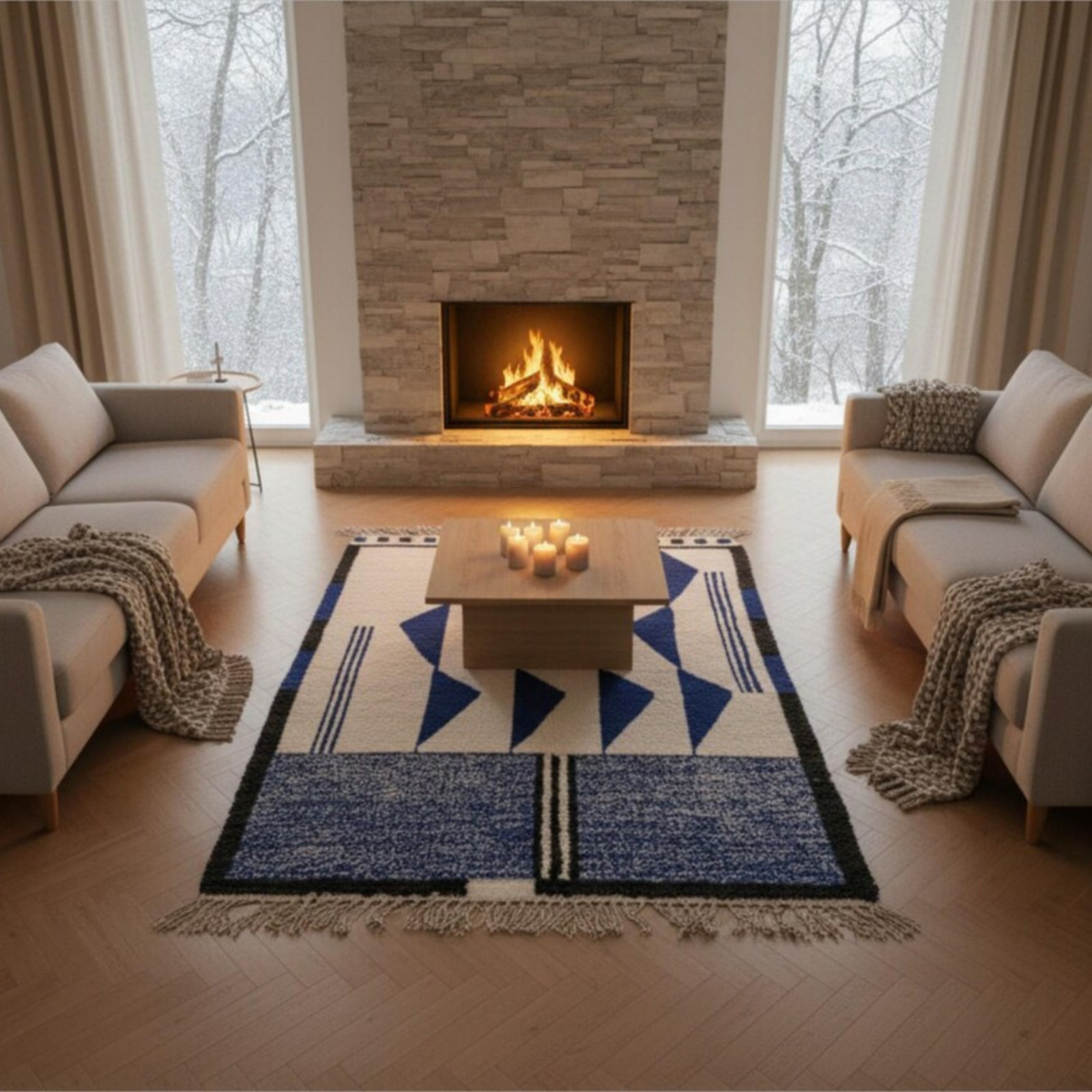Handwoven Moroccan Style Wool Area Rug Blue White Modern Geometric Carpet