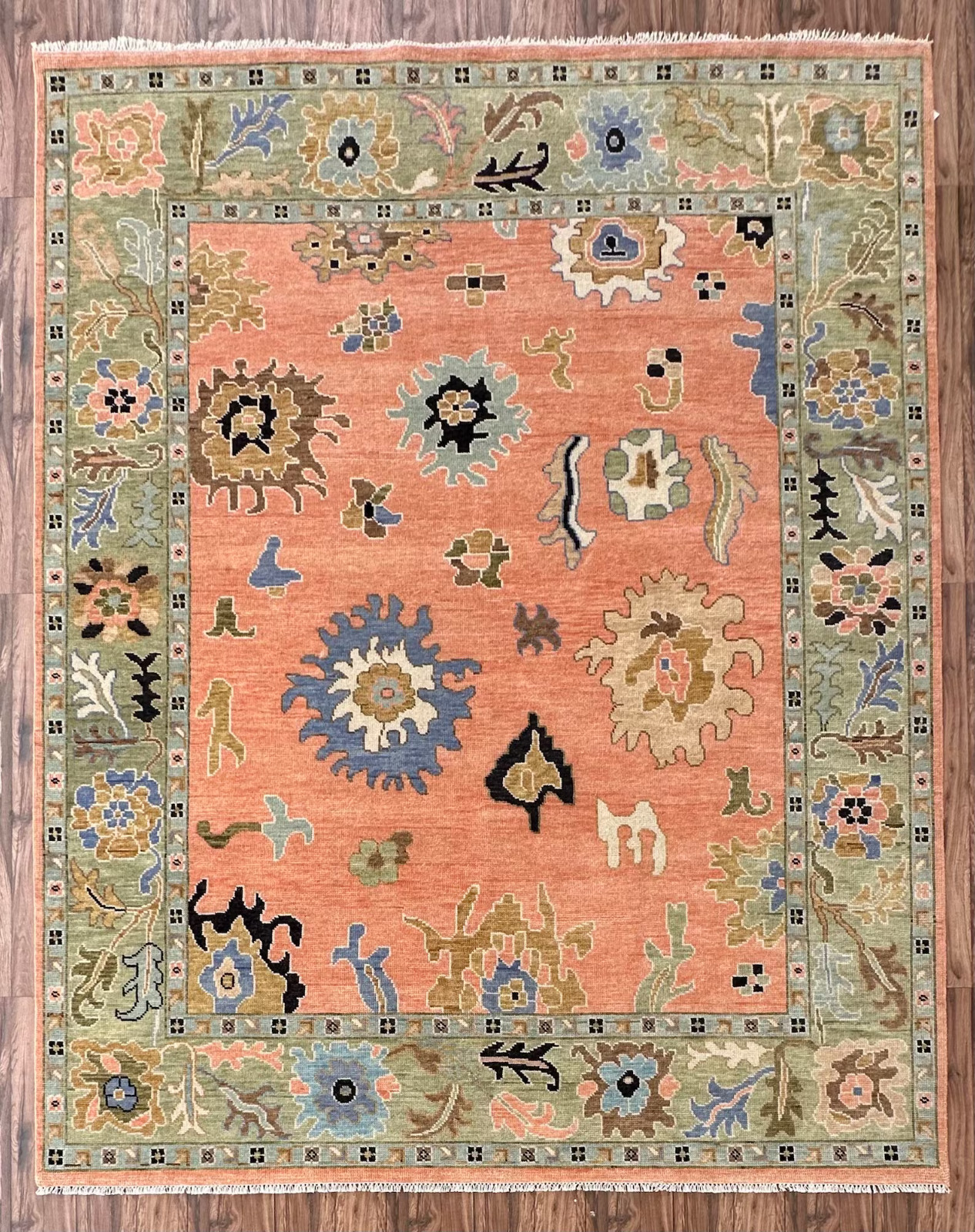 Peach Oushak style Hand Knotted Wool Area Rug | Geometrical Turkish Oushak Rugs
