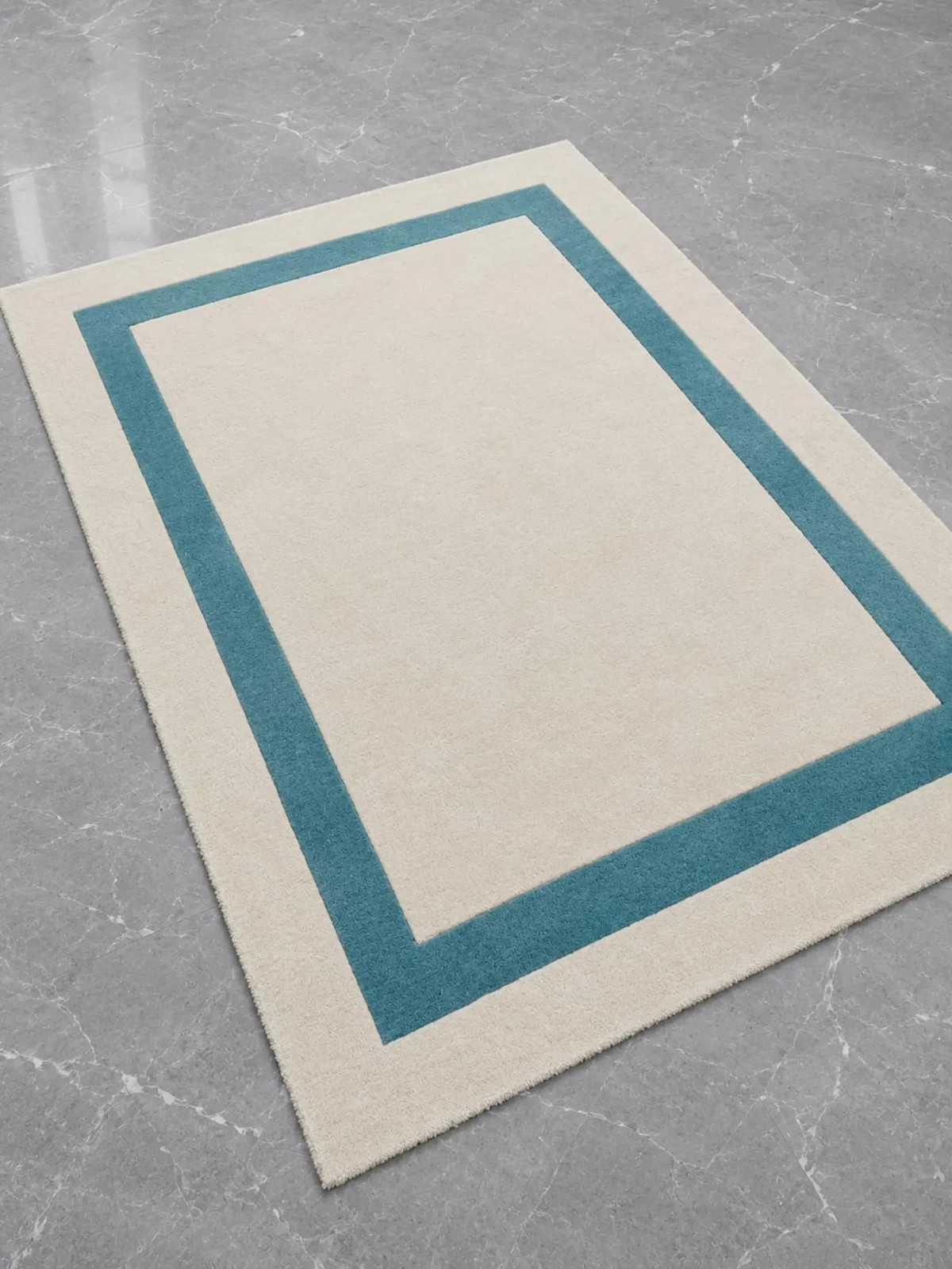 Modern Wool Area Rug | Beige Blue Border | Elegant Minimalist Handmade Carpet