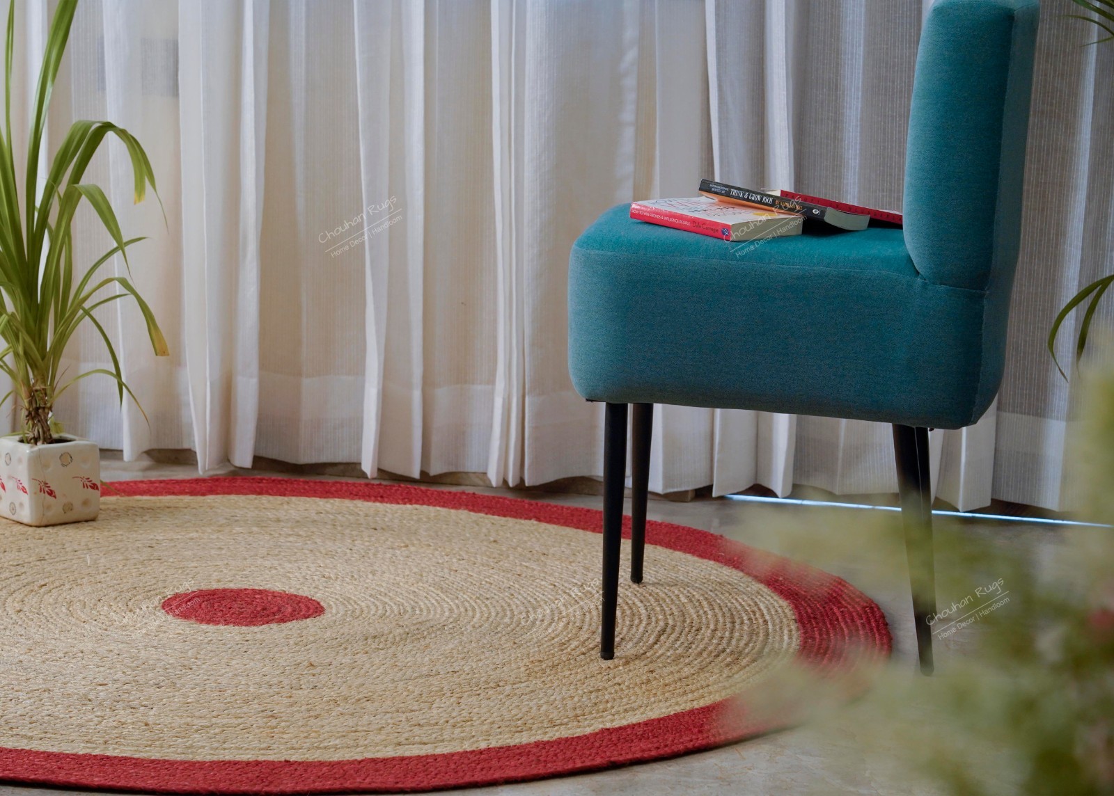 Natural Round jute rug with Red border large area rug for home and living decor