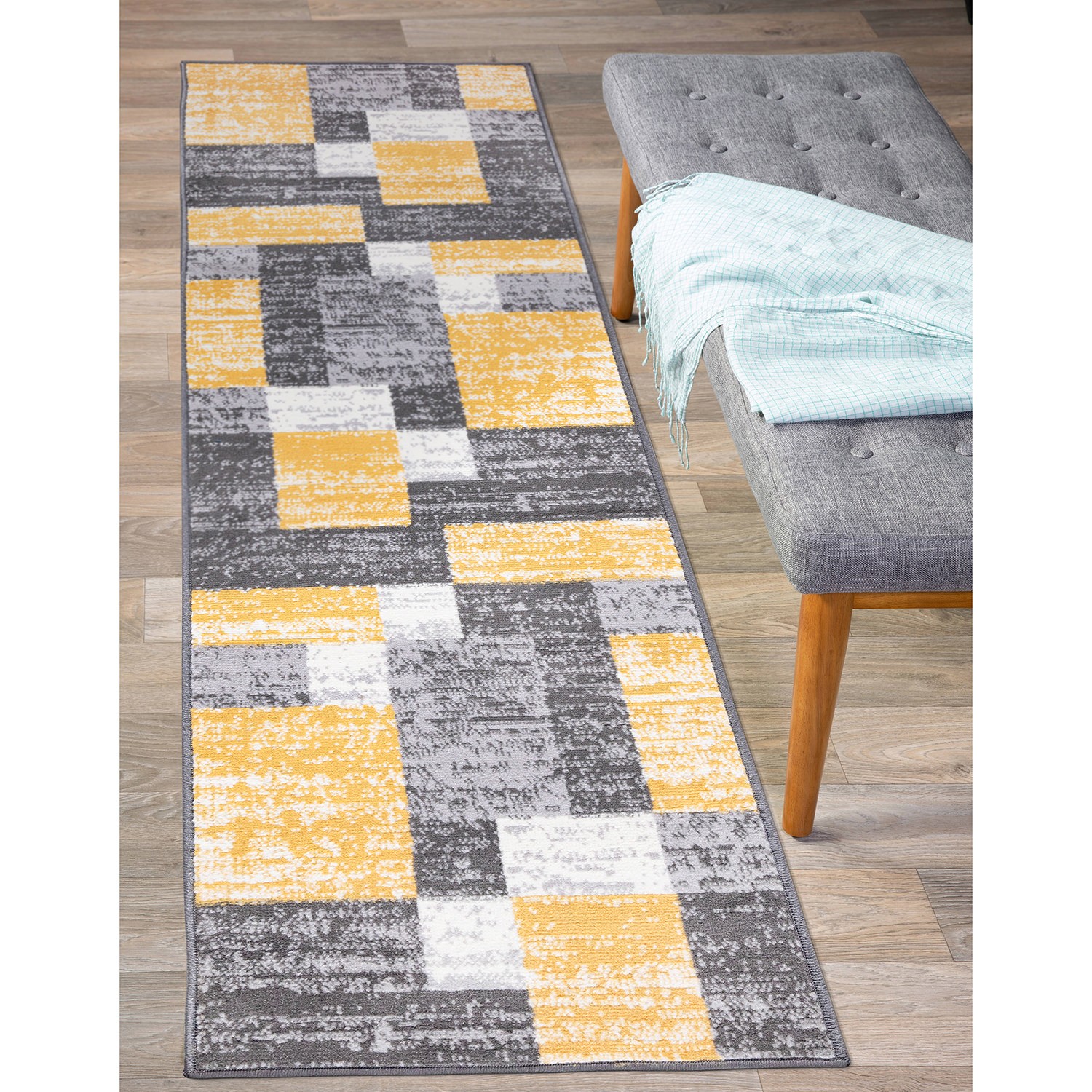 Rugshop Kitchen Rug Modern Geometric Boxes Area Rug Yellow Floor Runner Rugs 2×7