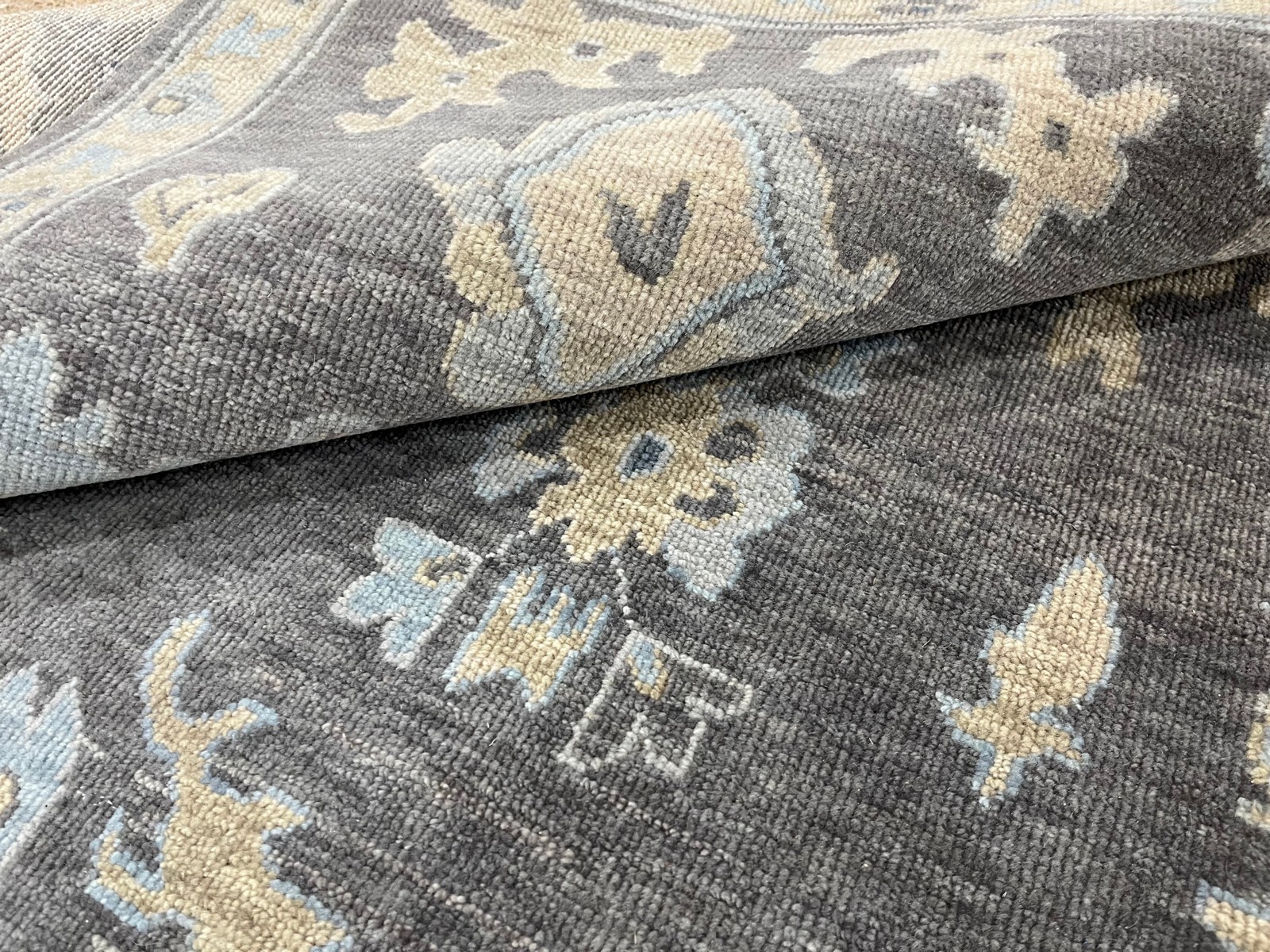Hand Knotted Oushak Rug Charcoal Grey Blue Wool Area Rug Handmade Turkish Carpet