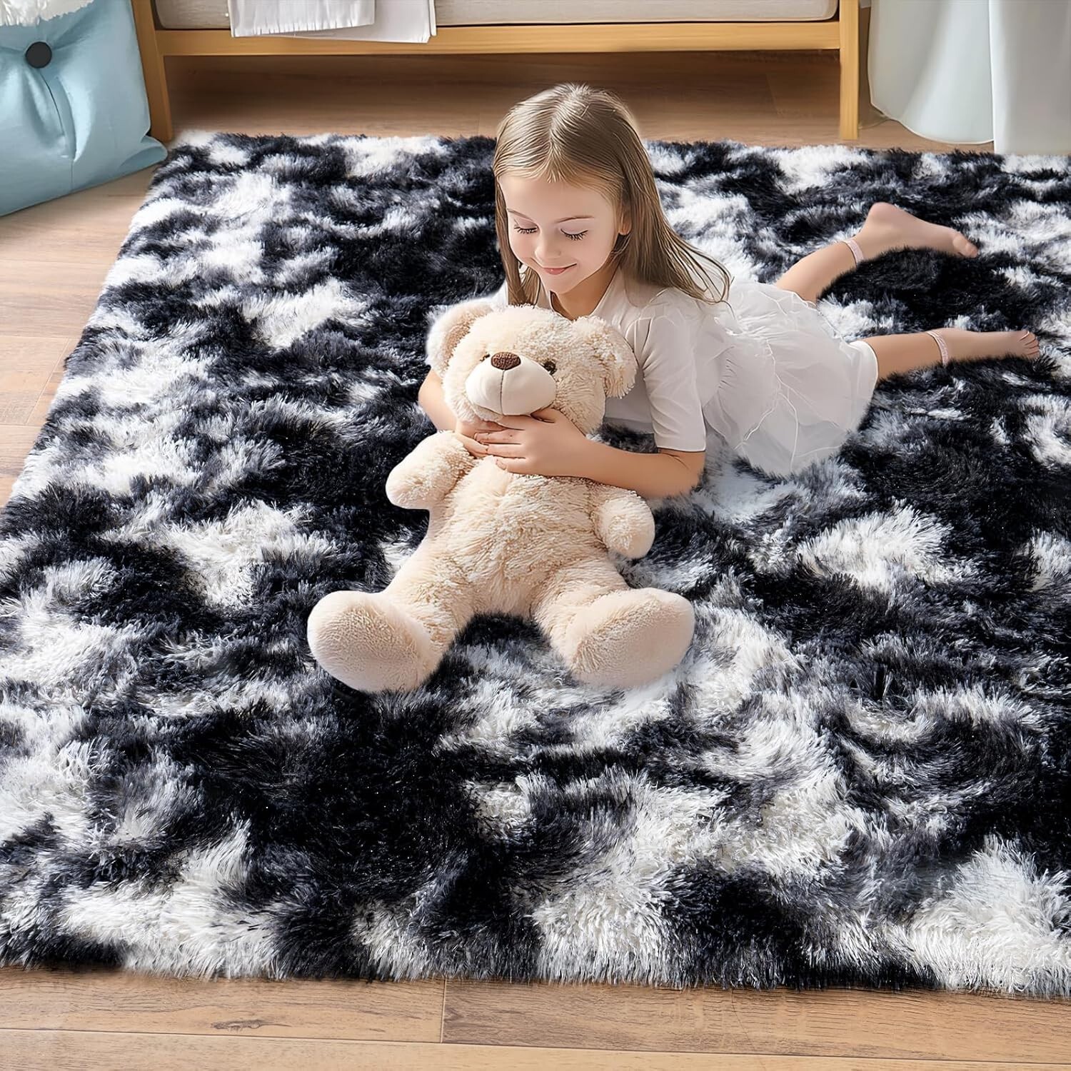 Fluffy Area Rugs Soft Large Black White Plush Carpet for Living & Bedroom Floor
