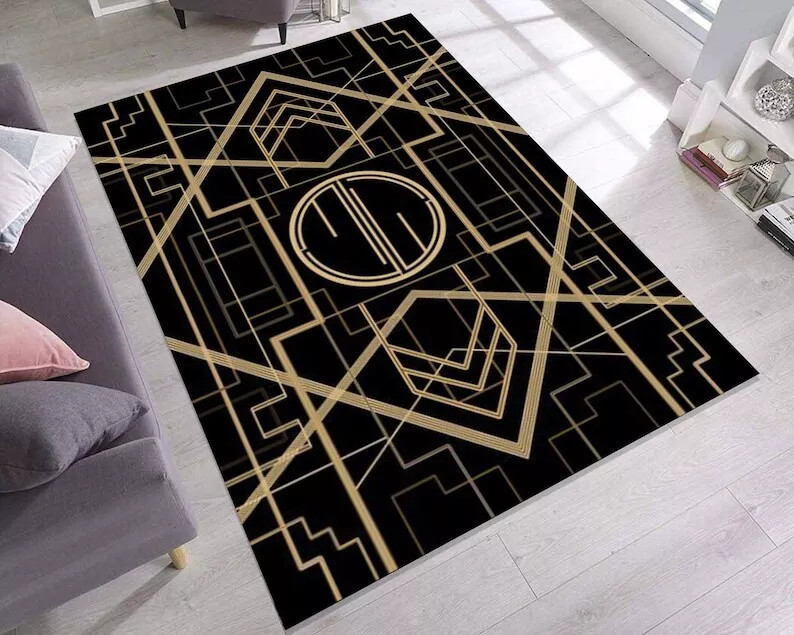 Black Geometric Shaped Gold Lined Art Deco Rug Striped Abstract Modern Fine Art