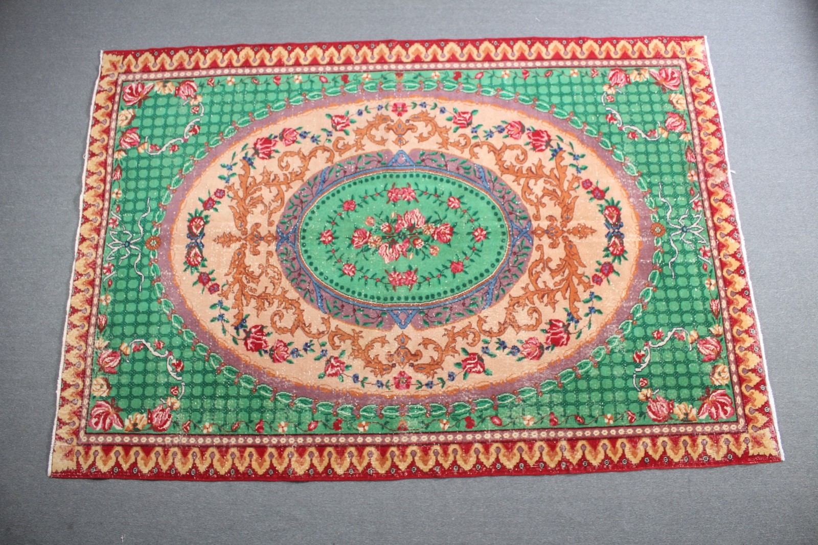 7,3×10,7 ft Vintage Rug, Turkish Oversize Rug, Green Red Oriental Wool Rug