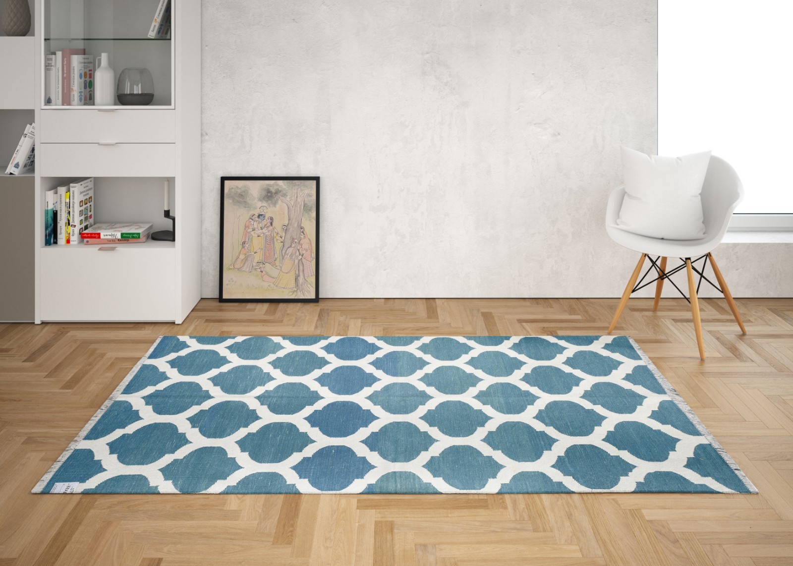 Handwoven Cotton Area Rug 4.3×6 Ft Blue White Geometric Boho Living Room Rug