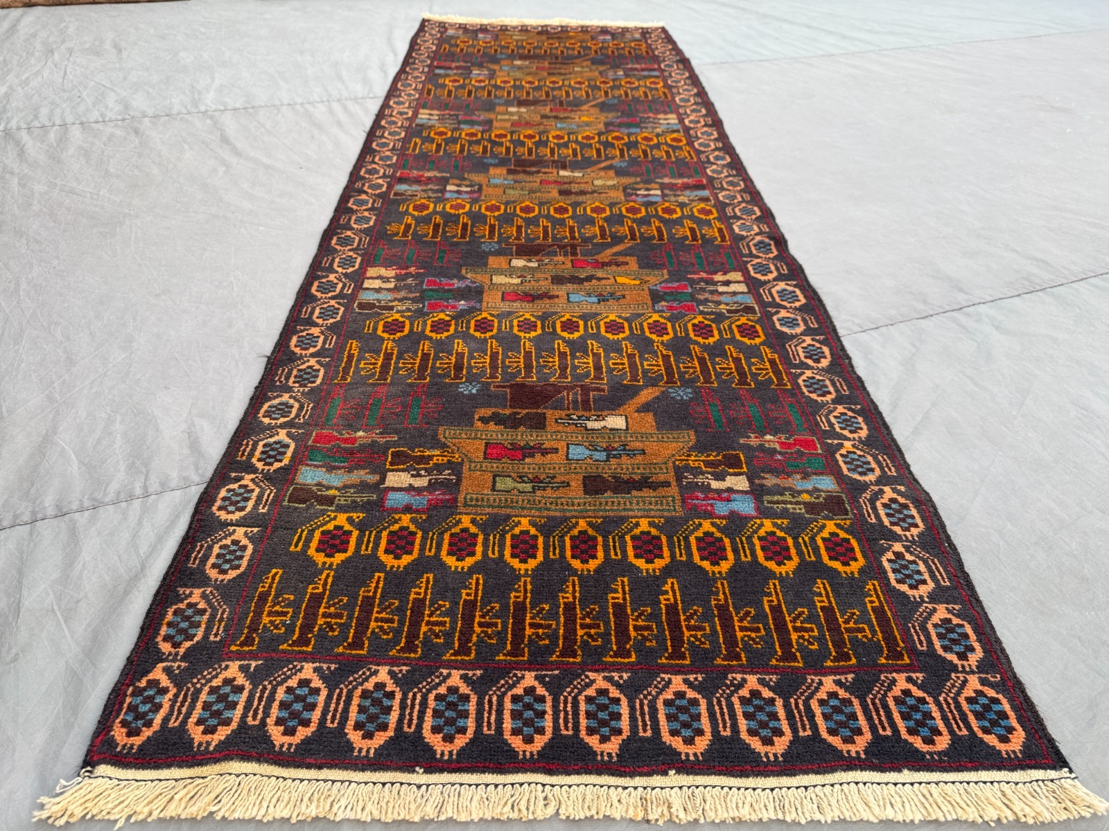 2’10 x 9’3 Ft Baluchi War Rug Runner – Vintage Tribal Wool Carpet with Military