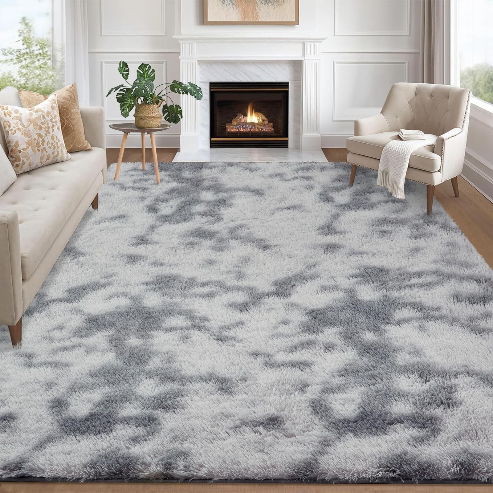 GarveeHome 9×12 Tie-dye Light Grey Fluffy Area Rug