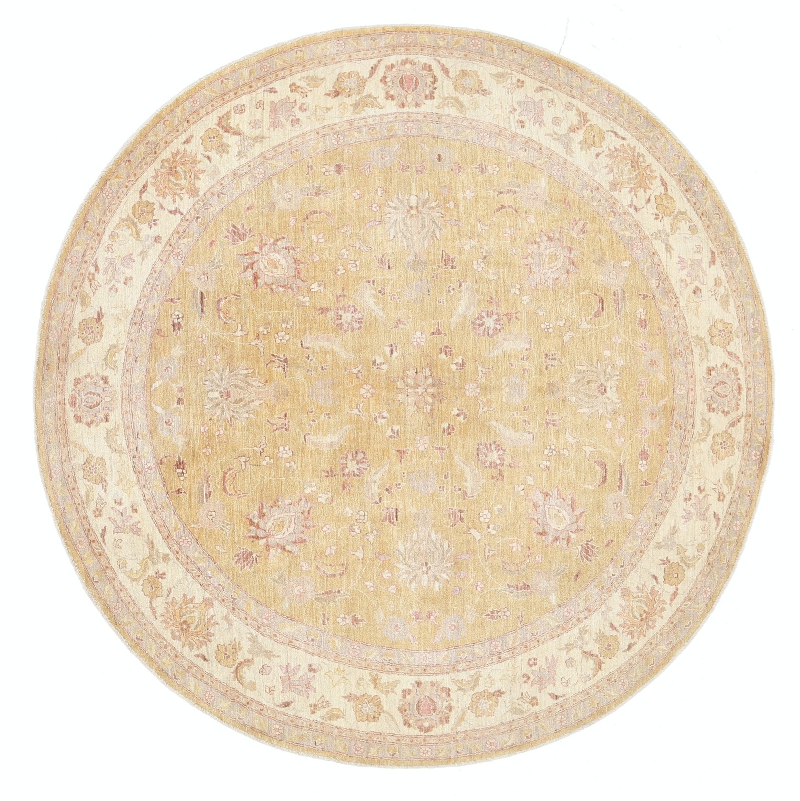 8×7 ft Handmade Beige, Gold, Blush Round Rug. Traditional Floral Circle Carpet