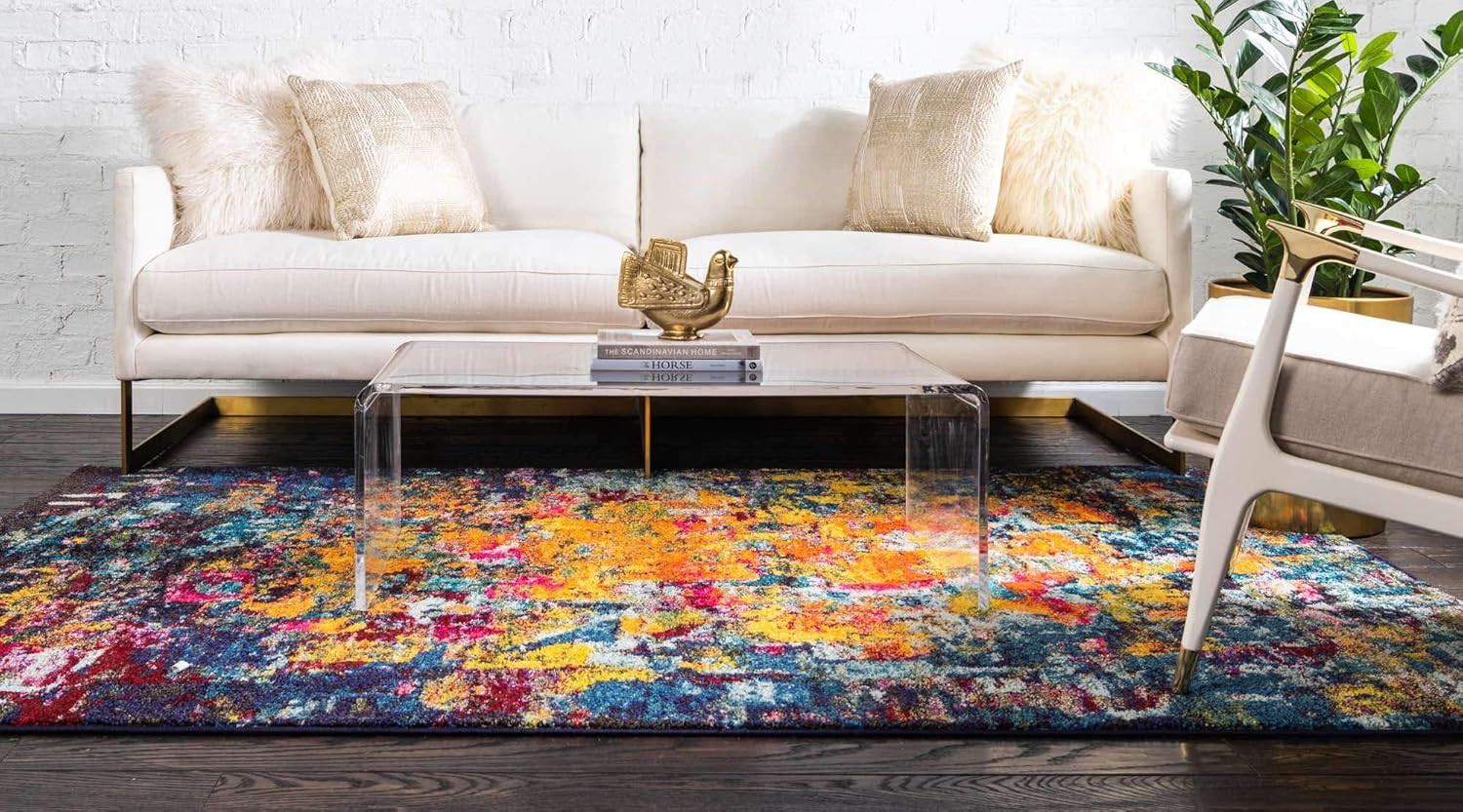 Modern Abstract Distressed Area Rug, 8′ x 11′, Multi/Navy Blue