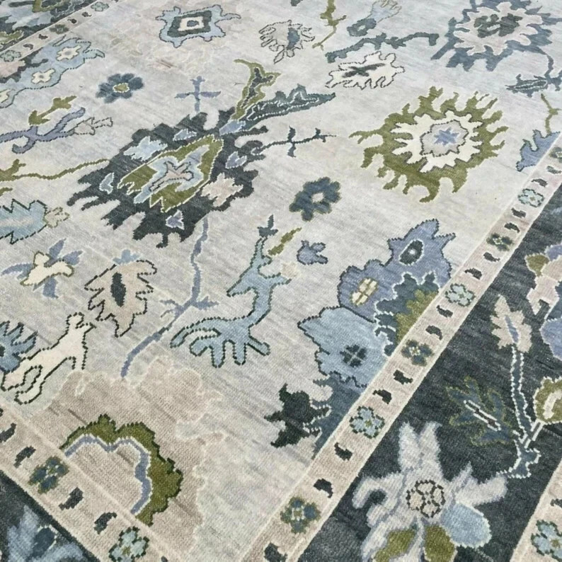 Blue Grey Oushak Rug Hand Knotted Wool Area Rug Floral Transitional Carpet