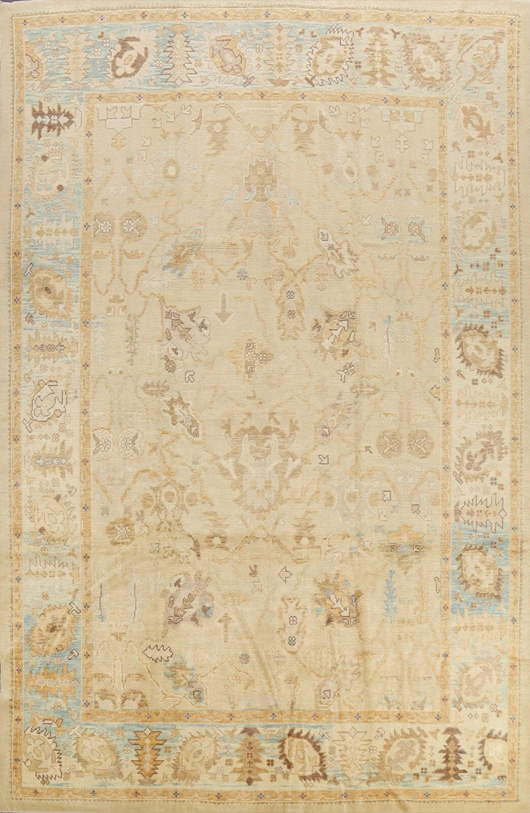 Hand Knotted Oushak Wool Rug Cream Blue Traditional Turkish Area Rug 8×10