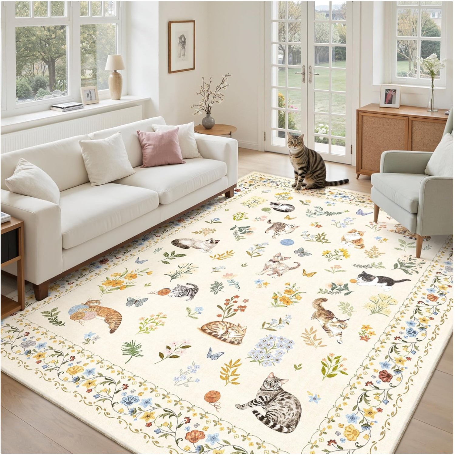 Charming Cat-Themed 5×7 Area Rug – Machine Washable & Pet-Friendly Beige Design