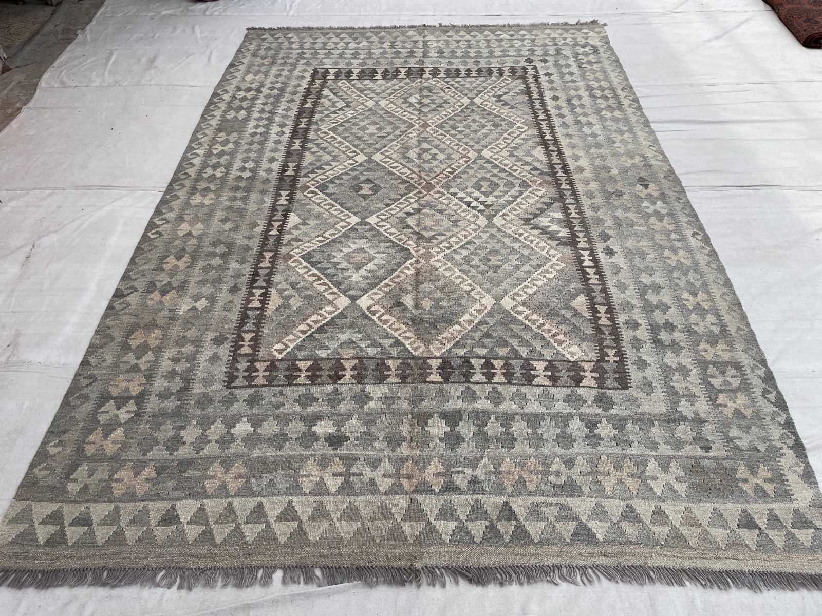 6’6 x 9’10 Ft Subtle Earth Tone Afghan Chobi Kilim Rug Handwoven Tribal Diamond