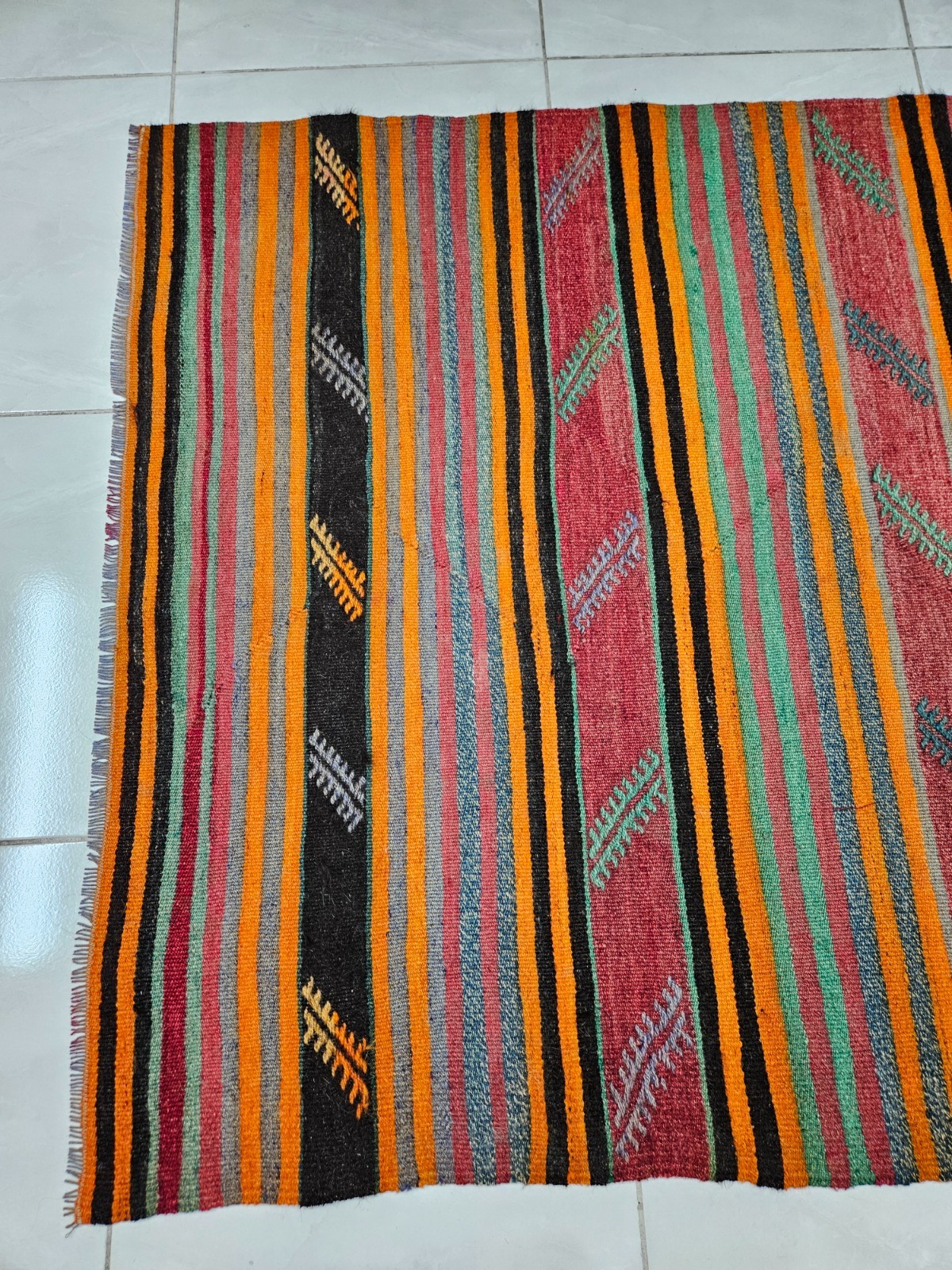 Red Turkish Kilim Rug for Living Room, 3.7 x 7.1 ft Handknitted Woolen Kilim Rug
