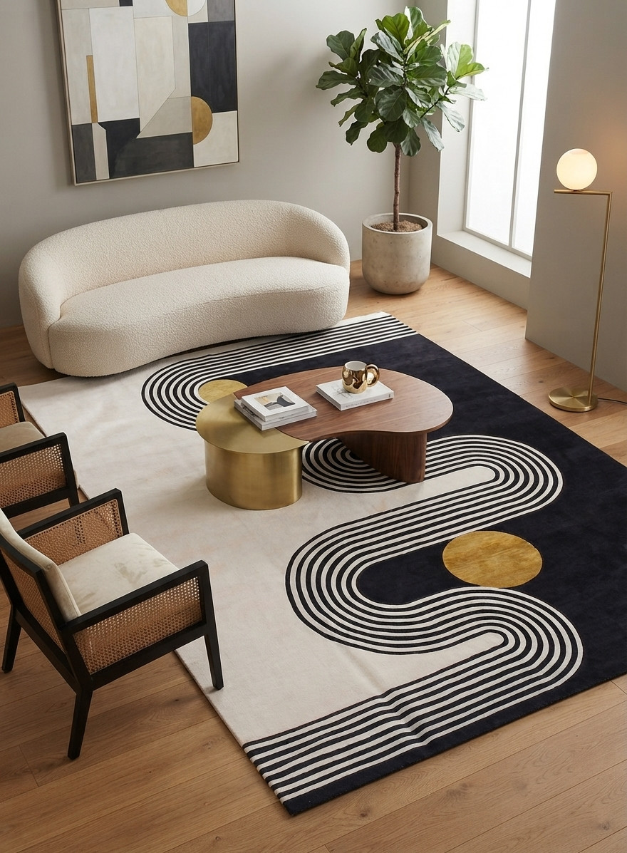 Modern Abstract Geometric Wool Rug 8×10 Black Ivory Mustard Scandi Area Carpet