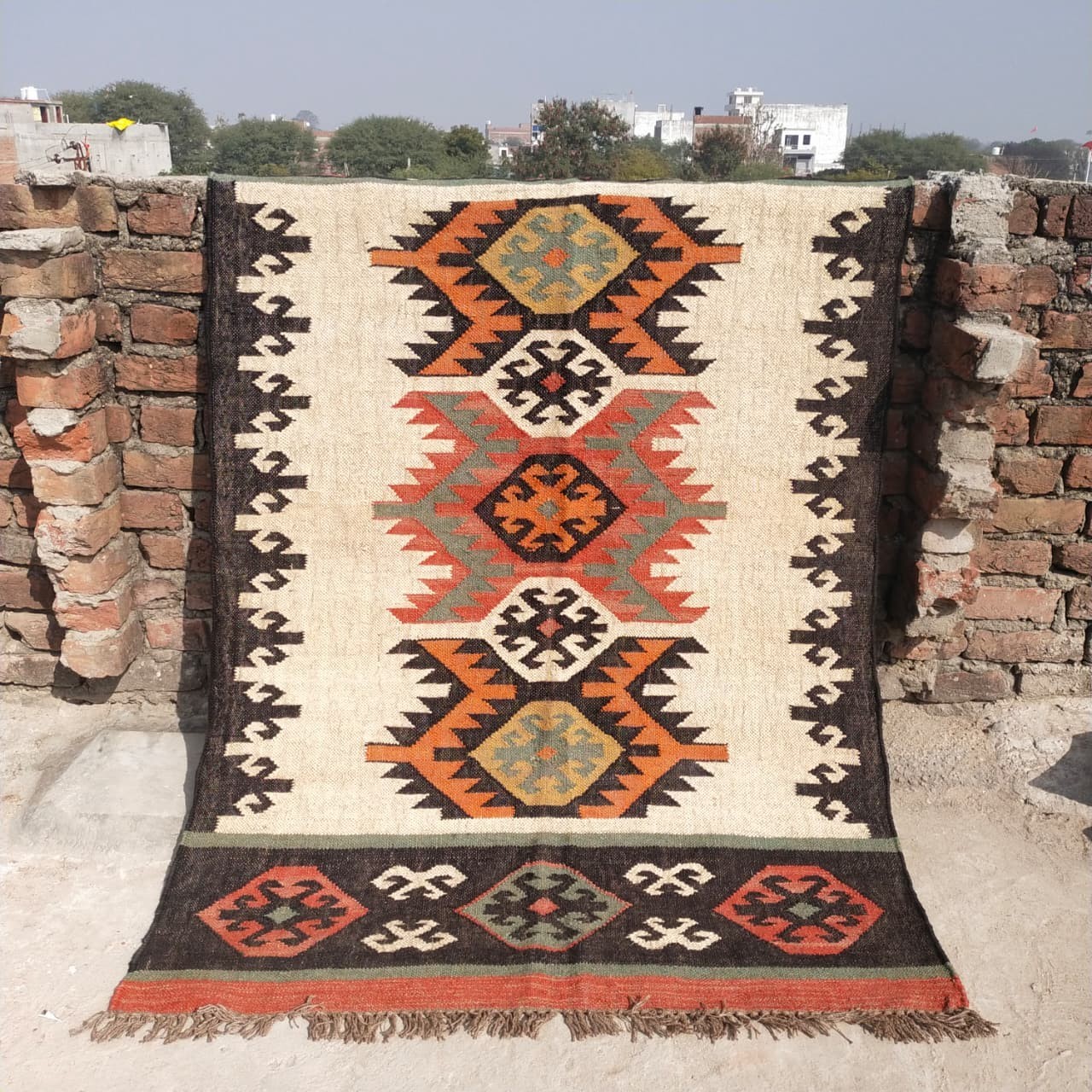 Handwoven Wool Jute Kilim Rug – Boho Area Rug, Rustic Living Room Carpet, Natura