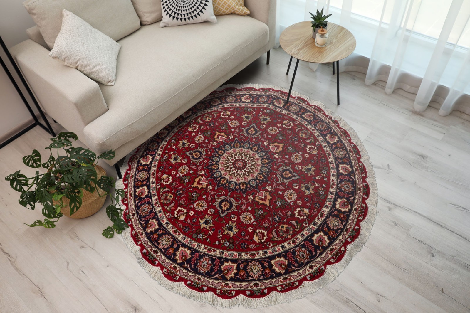 5’x5′ Round Burgundy Hand Knotted Medallion 250 KPSI Wool Area Rug