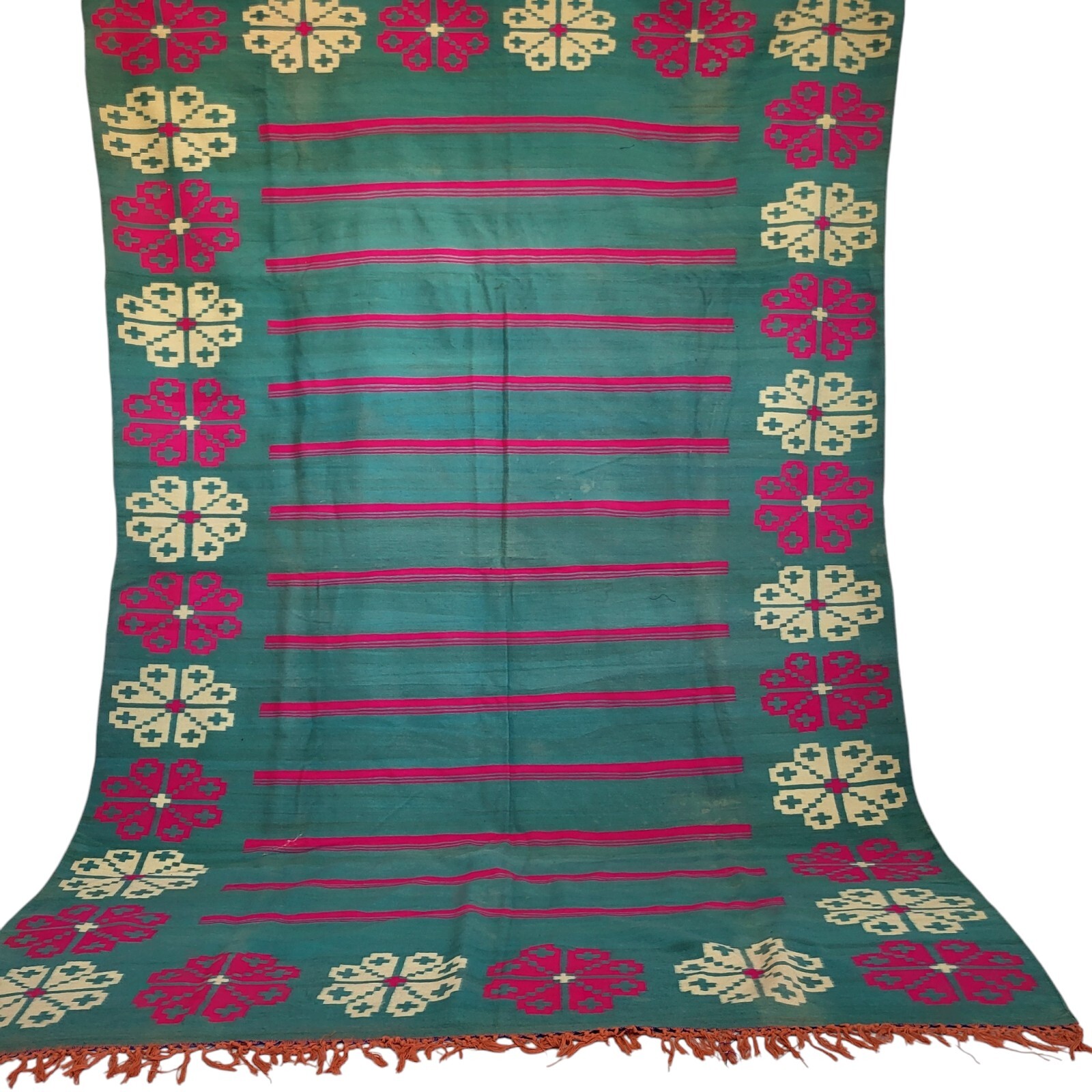 Handmade Moroccan Rug Teal Floral Pink Cream Light Orange Fringe Carpet Vintage