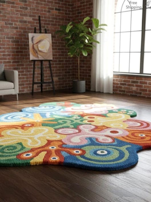 Handmade Abstract Floral Area Rug – Hand-Tufted Irregular Shape Carpet
