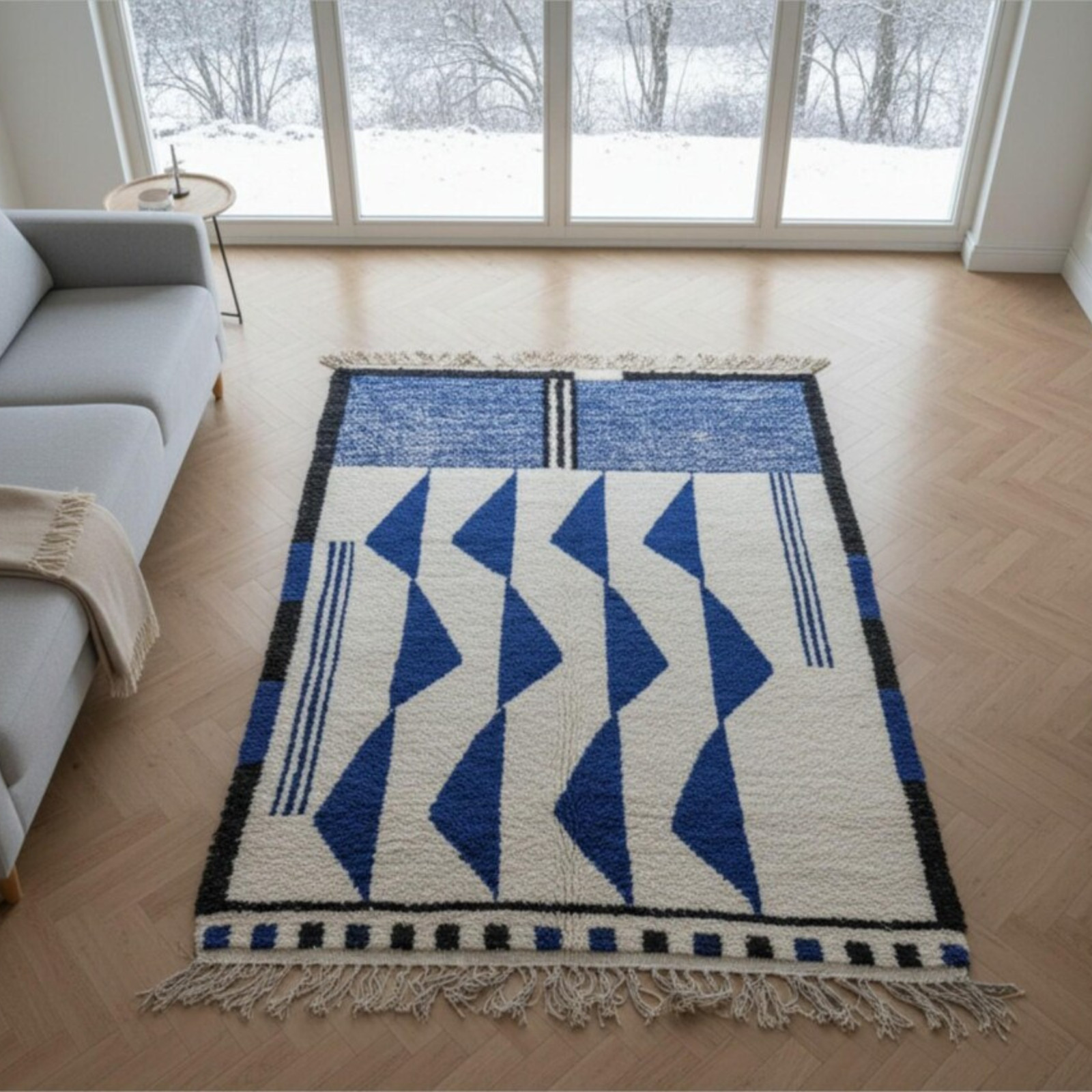 Handwoven Moroccan Style Wool Area Rug Blue White Modern Geometric Carpet