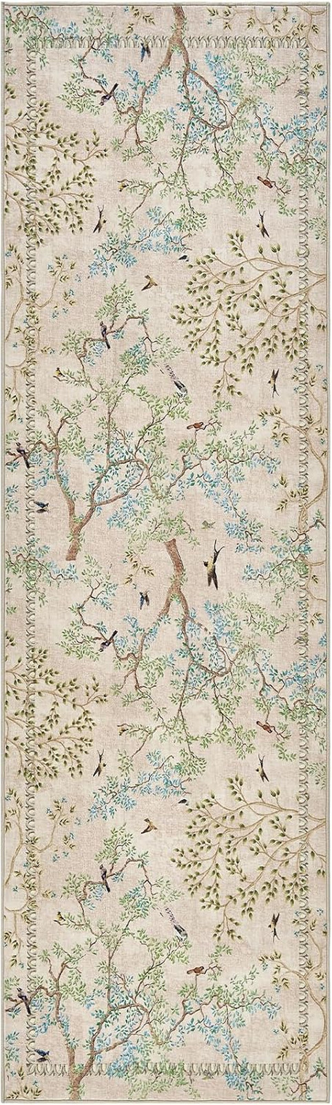 Yarden Beige Botanical Birds 3×10 Runner Rug for Hallway Washable Non Slip Soft