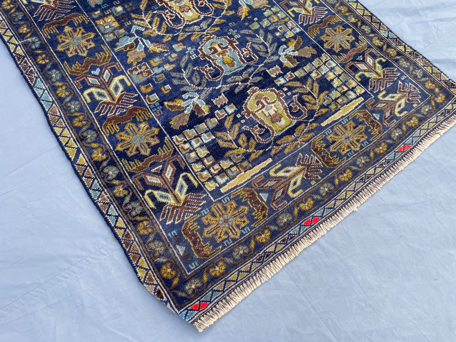2×4 Afghan Baluchi Rug Handmade Wool Blue Tribal Carpet With Floral And Bird