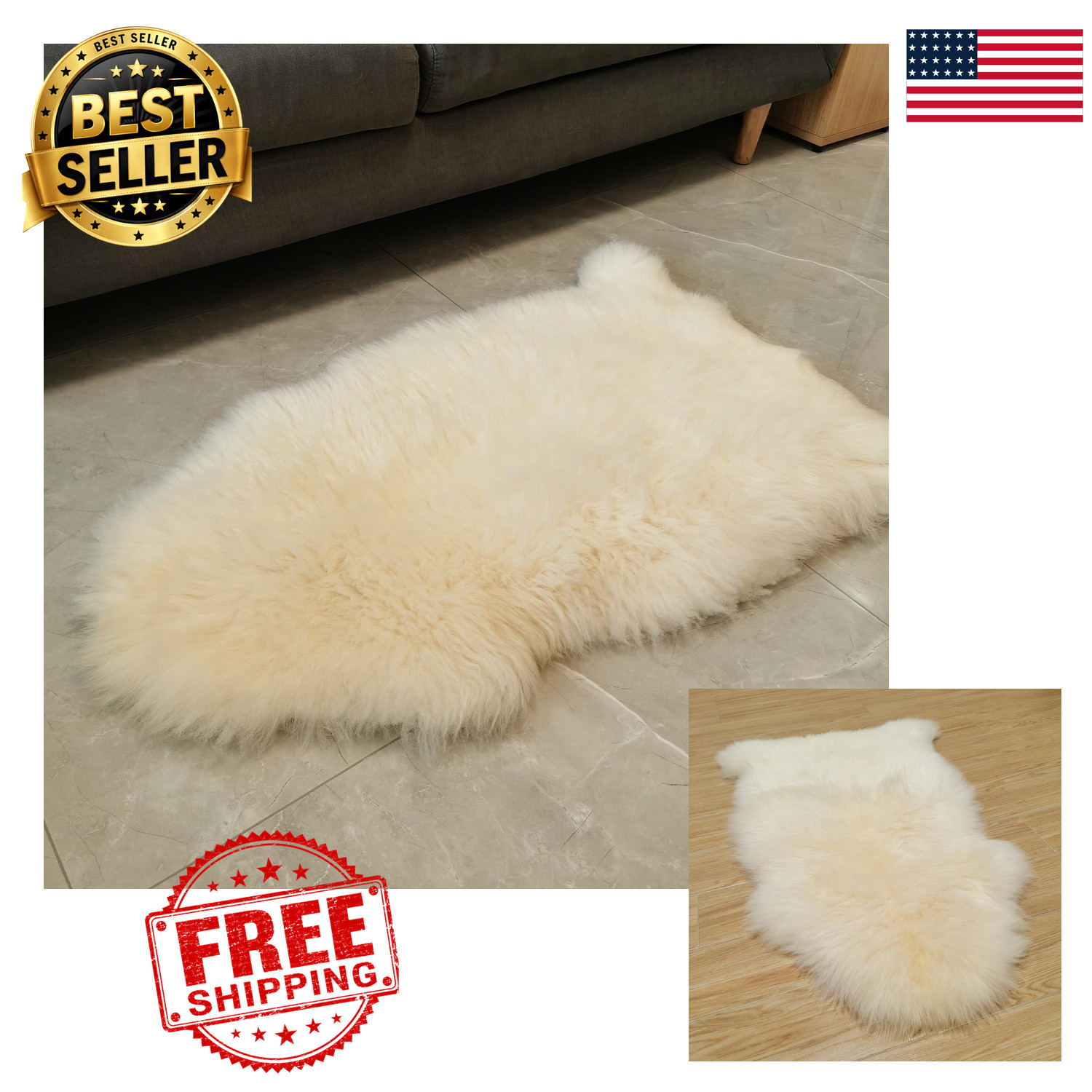 Sheepskin Rug 2×3 ft Genuine Australian Lambskin Natural White Single Pelt Soft
