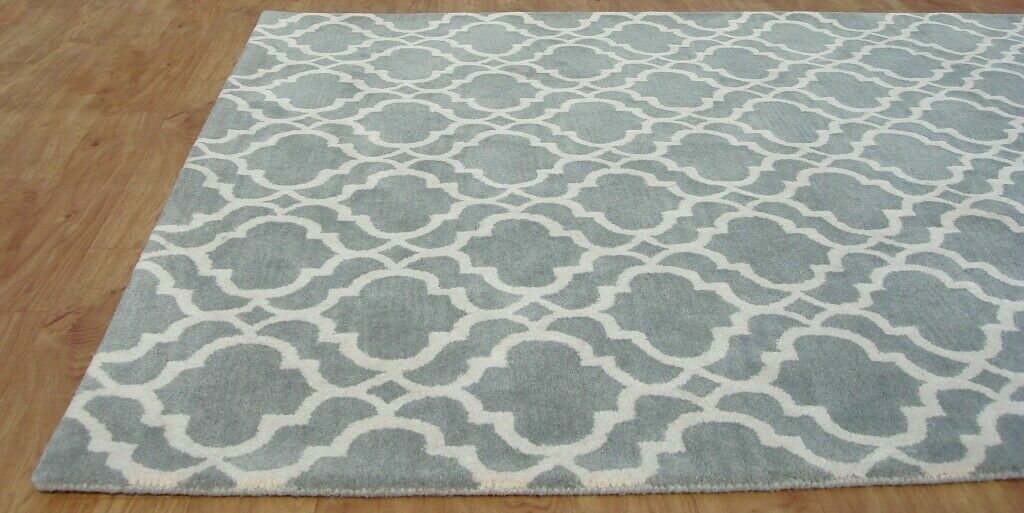 Ryana Scroll Tile Porcelain Blue Modern Hand-Tufted 100% Wool Area Rug Carpet