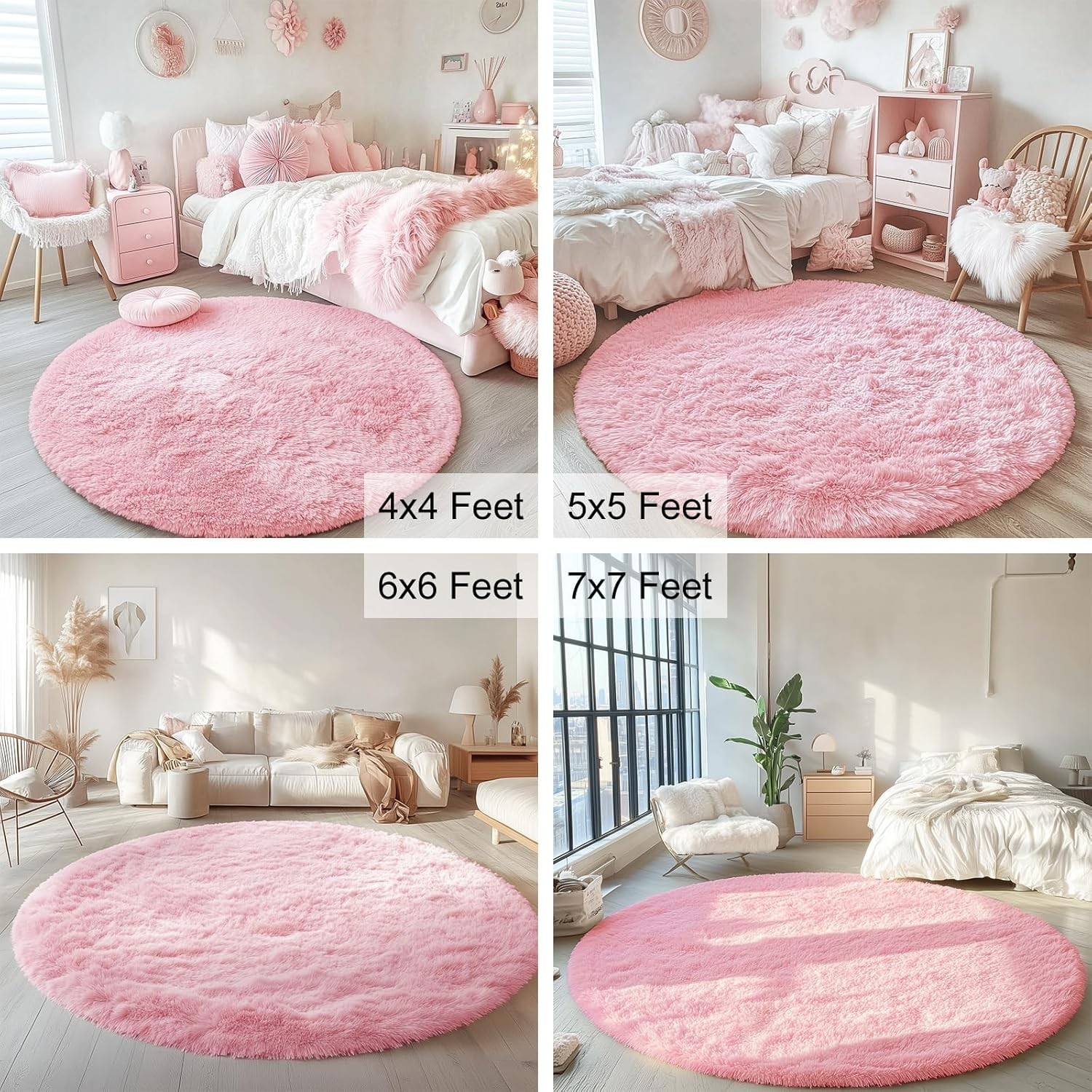 Fluffy Pink Round Rug 4ft Area Carpet for Living Room Kid Friendly Washable