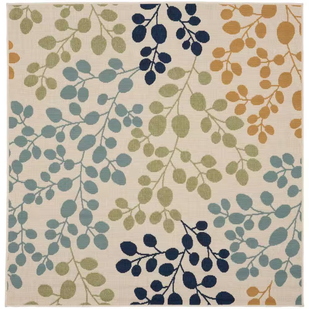 Caribbean Ivory 5 Ft. X 5 Ft. Square Floral Contemporary Indoor/Outdoor Patio Ar