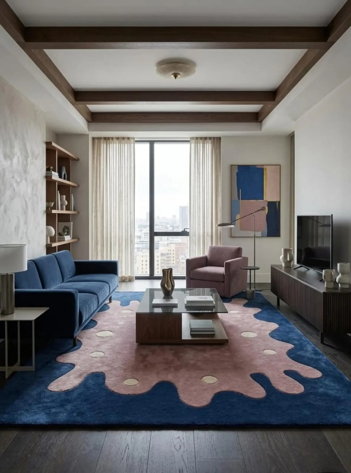 Hand-Tufted Wool Area Rug Organic Abstract Blob Shape Pink Navy Blue Living Room